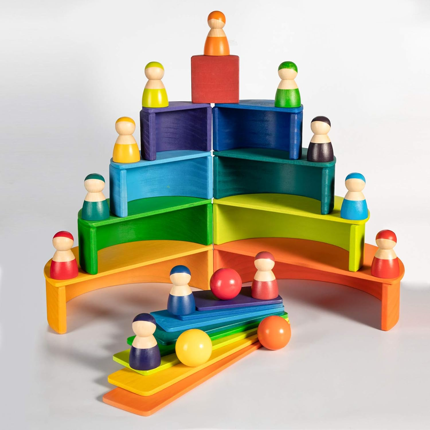 Wooden Rainbow Rectangle Stacker Toys, Building Blocks Board Set for Kids, 11Pcs Stacking Puzzle, Learning Creative Thinking Toys Merryheart-2231