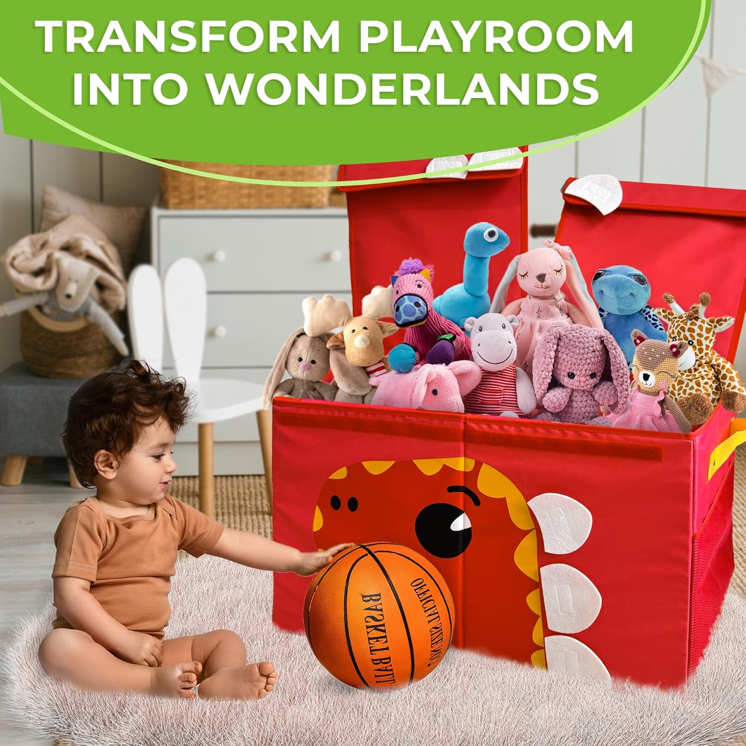 QUOKKA Toy Storage Box for Boys and Girls - 24.8X16.1X13 in Dino Toy Chest Organizer for Kids | Collapsible | Handles | Flip-Top Lids | Fabric Foldable Bin for Playroom - Nursery Room Organization