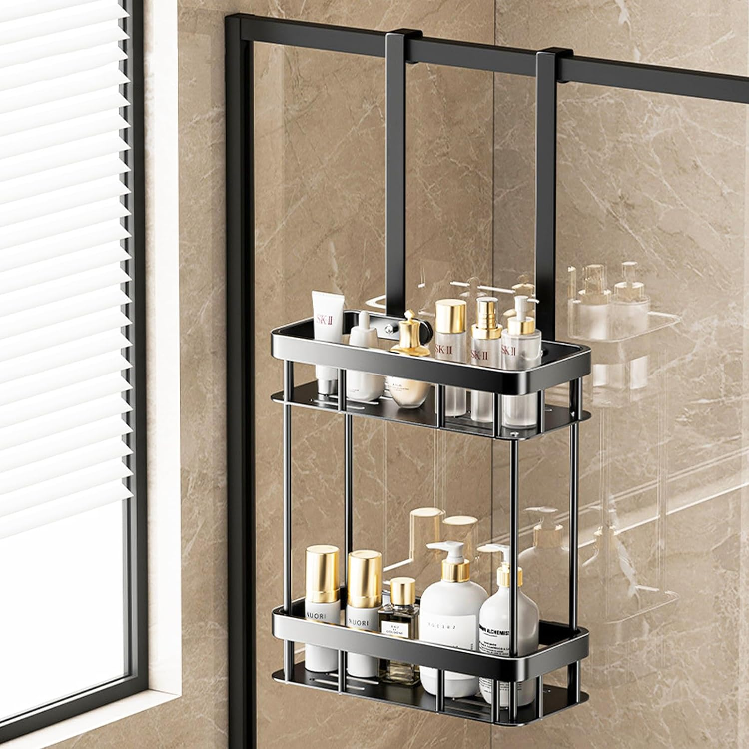Over the Door Shower Caddy, 2 Tier Hanging Shower Caddy Shower Shelf, Metal Hanging Shower Organizer, Rustproof Bathroom Shower Storage Rack Basket, No Drilling, Black image number 4