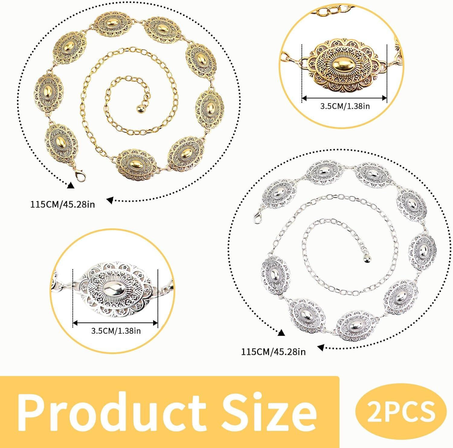 2Pcs Belt Women, Adjustable Golden Fashionable Retro Cowboy Belt,Waist Chain Oval Western Cowgirl Lady Metal Waist Chain Belt for Concert Party Travel