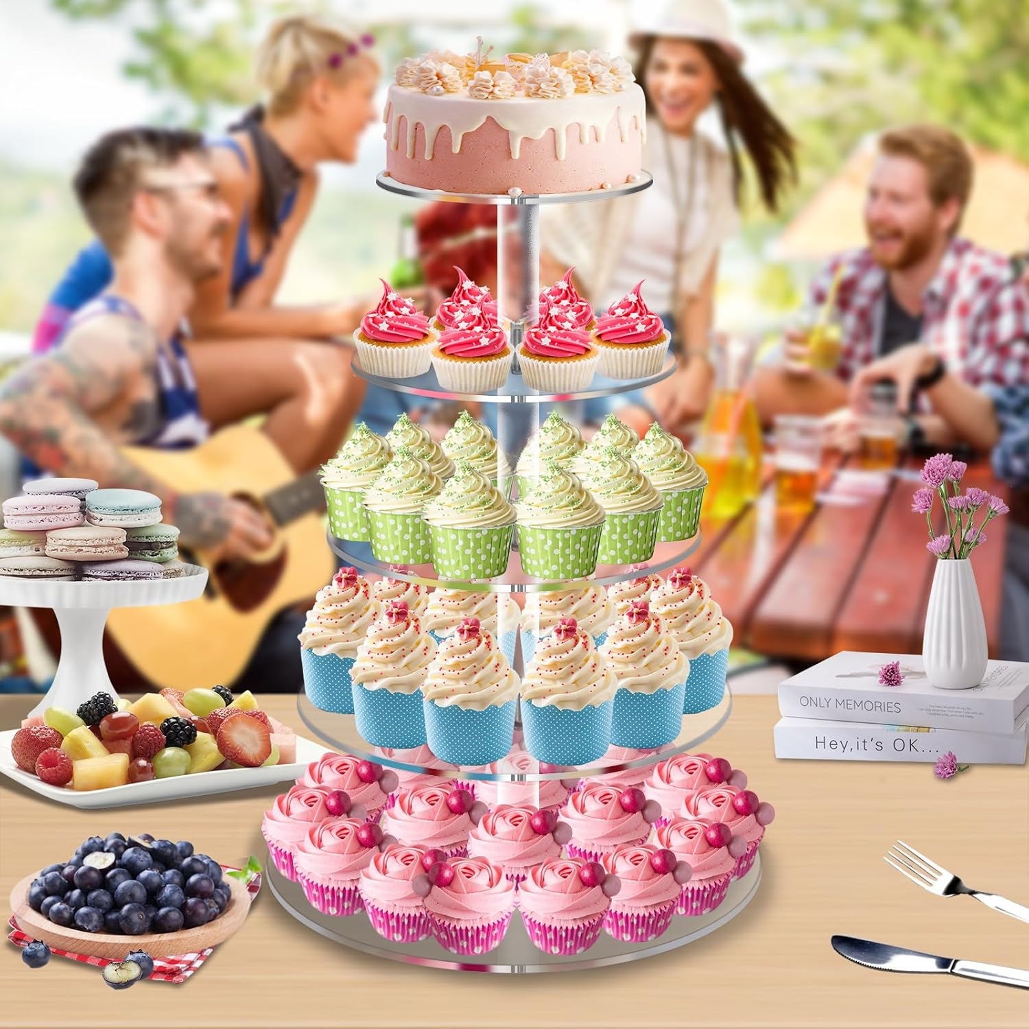 5 Tier Clear Cupcake Stand,Round Acrylic Cupcake Display Stand Dessert Tower Pastry Stand for Wedding Birthday Theme Party- 15.7 Inches (Transparent） - 4-Tier image number 4