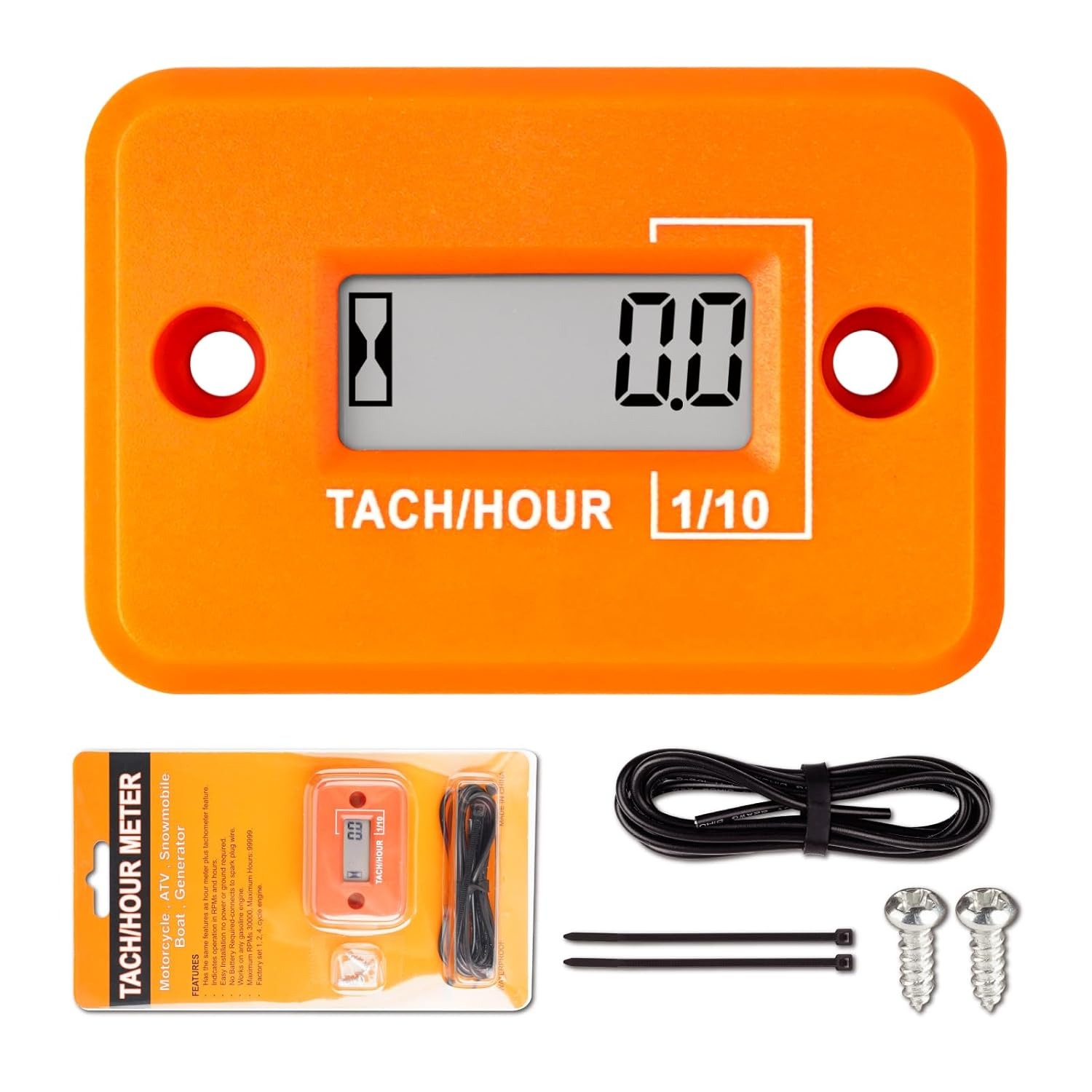 Nine-Rong Self-Powered Tach Hour Meter Digital LCD Inductive Tachometer Timing RPM Measuring Waterproof Design,For Gas Engine Lawn Mower Motorcycle Snowmobile Generator(2 Stroke)(Orange) image number 2
