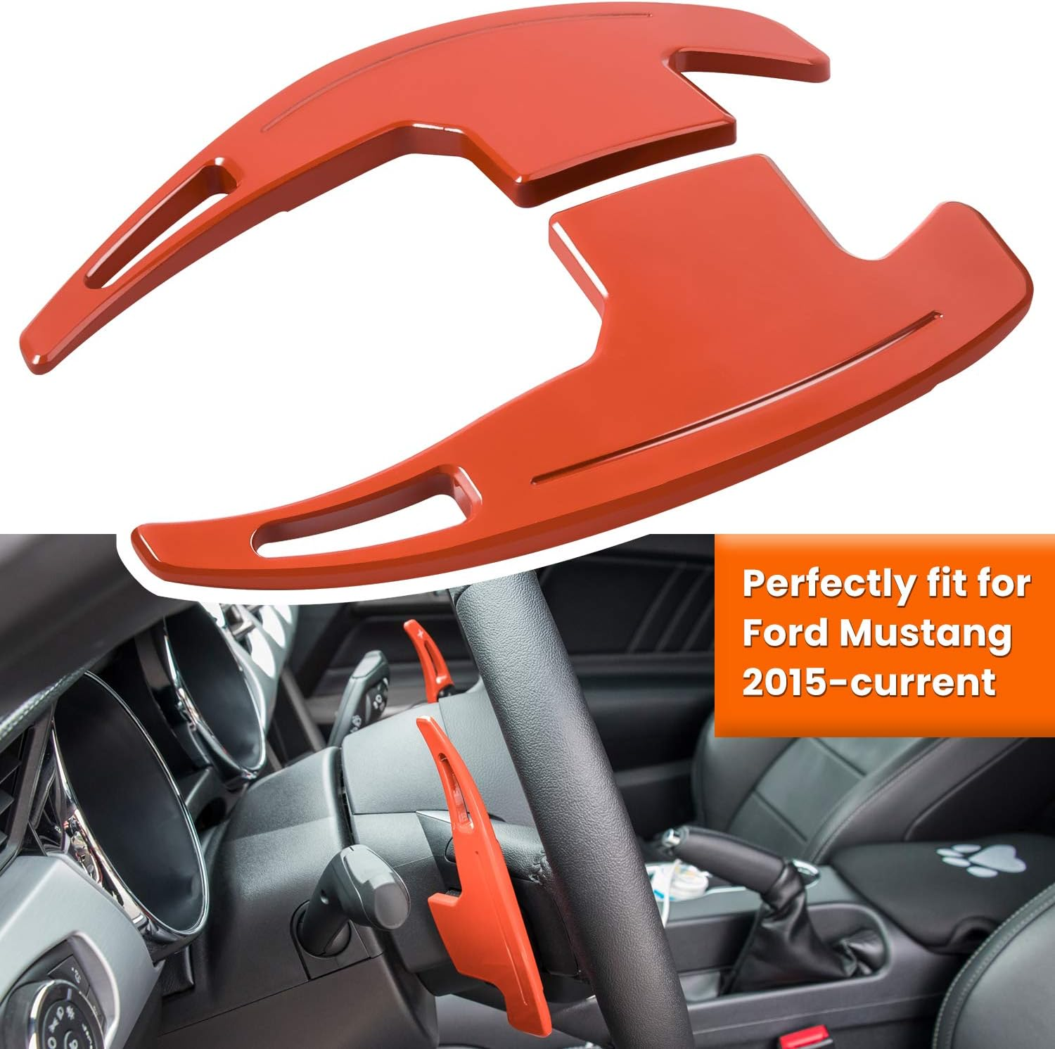 Steering Wheel Shift Paddle Extended Shifter Trim Cover for Ford Mustang 2015 2016 2017 2018 2019 2020 2021 2022 2023 Interior Decoration Accessories Aluminum Alloy (Orange 2PCS) image number 2
