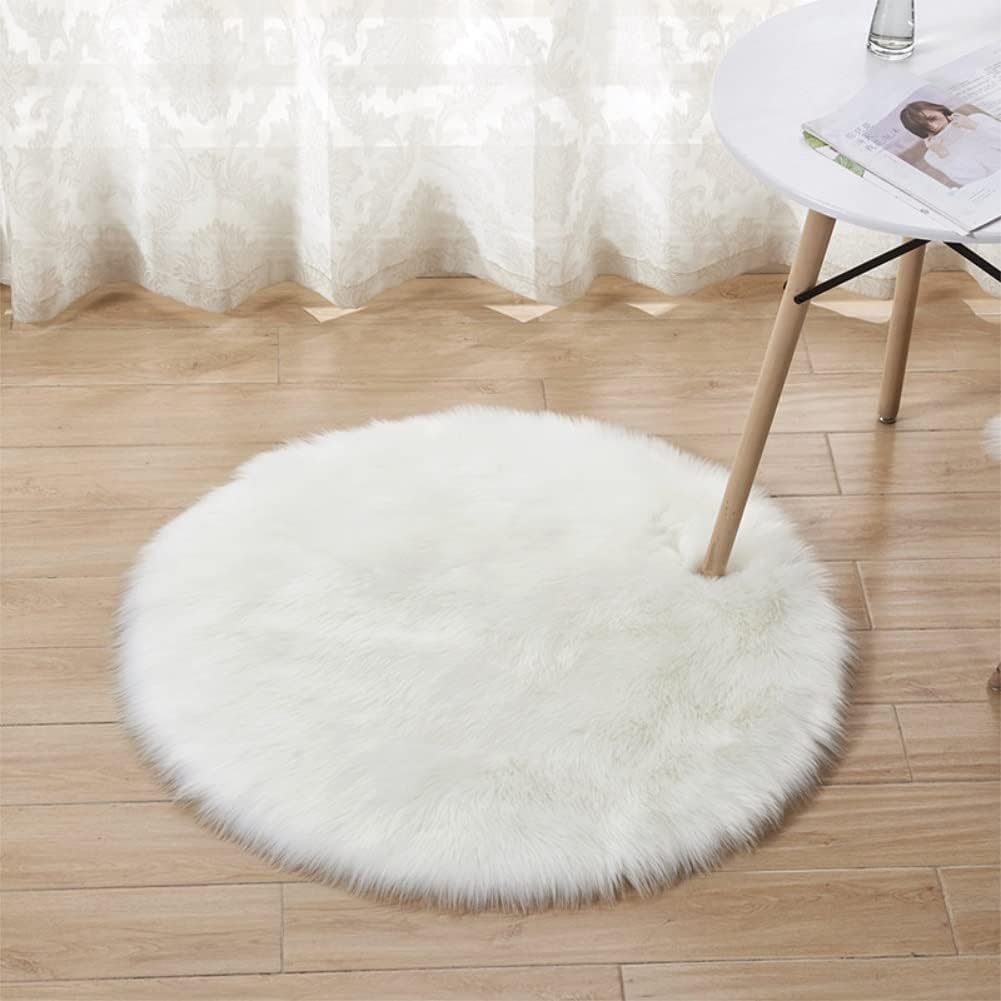 Soft Faux Sheepskin Fur Area Rug Chair Couch Cover Indoor Soft Fluffy Bedroom Floor Sofa Living Room White round 2.6 X 2.6 Feet image number 6