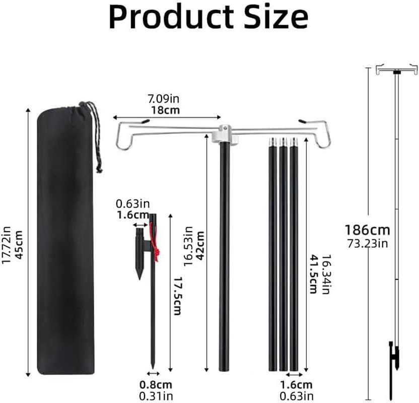 AIMALL Outdoor Camping Lamp Stand, Aluminum Alloy, 16Mm Thick Telescopic Pole with Double Hooks, Portable and Adjustable Lighting Stand, Black