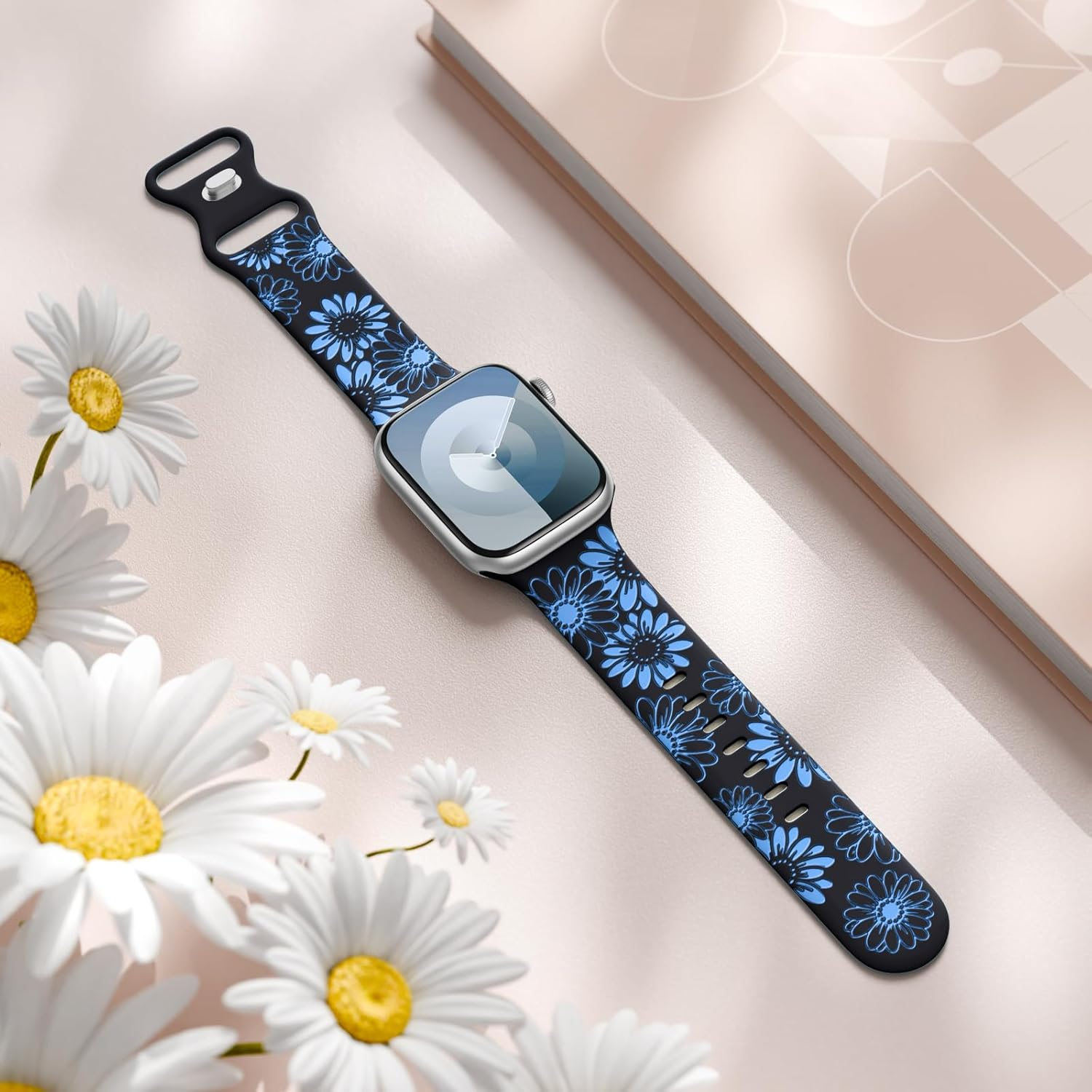Floral Engraved Strap Compatible with Apple Watch Band 38Mm 40Mm 41Mm 42Mm 44Mm 45Mm 46Mm 49Mm Women Men, Cute Two-Tone Flower Silicone Bands for Iwatch Series 11 10 9 8 7 6 5 4 3 2 1 Ultra SE 3/2/1 image number 7