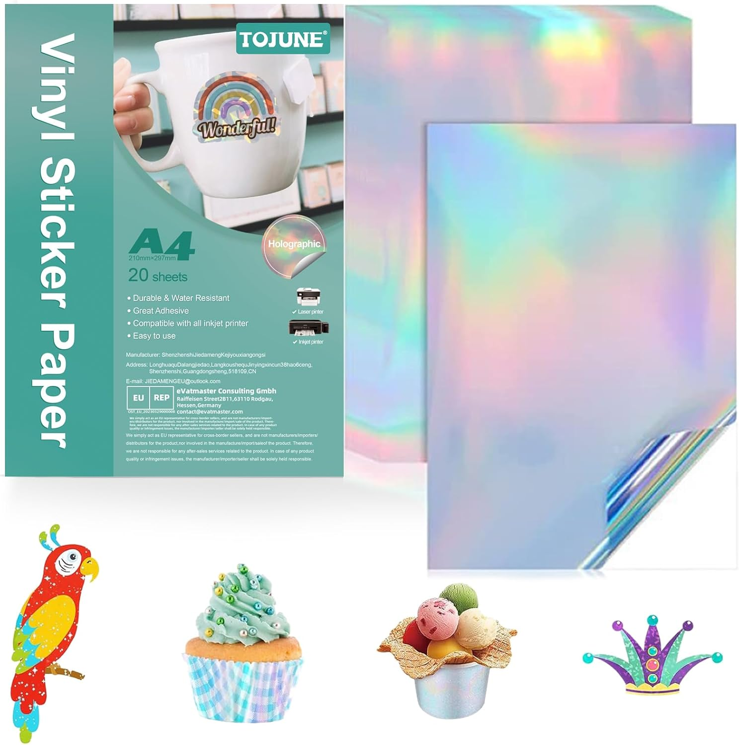 Printable Vinyl Sticker Paper for Inkjet & Printer Laser, A4-21X29.7 Cm - 8.27"X11.69", Waterproof, Arbitrary Cutting, Adhesive Backing, Stable Adhesion (20 Pcs) (Colored Laser)