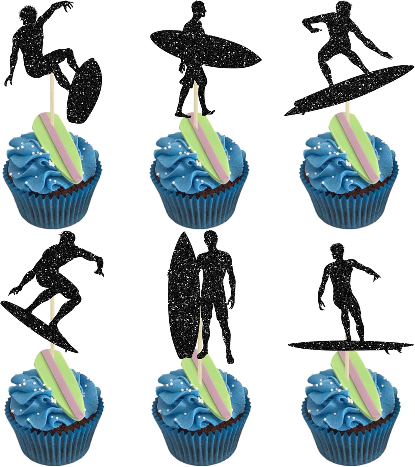 Ephlyn 24Pcsswim Cupcake Toppers Summer Swimming Cupcake Toppers Picks Black Swimming Cake Topper for Swim Party Birthday Baby Shower Kids Birthday Party Cake Decorations Supplies Blue