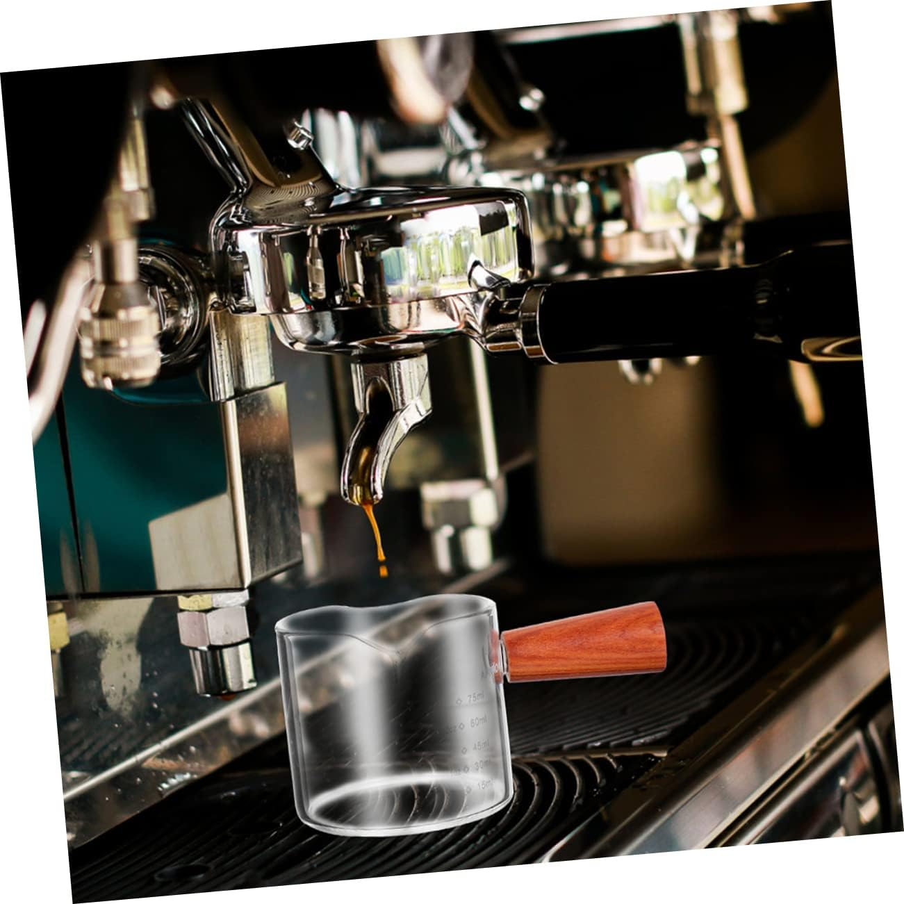 Baluue 2Pcs Double Spout Espresso Measuring Cups Wooden Handle Glass Milk Jars for Coffee Pouring and Precision Measurement image number 1