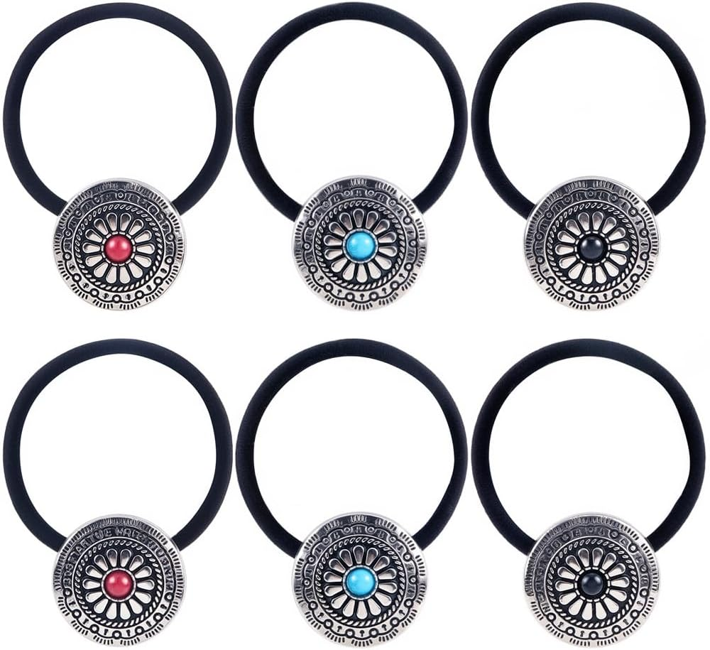 CABODYALS Pack of 6 3 Colours Vintage Squash Blossom Hair Bands Ropes Western Style Metal Ponytail Holder Boho Turquoise Cowgirl Elastic Decorative Hair Scrunchie Bracelet with Box for Women Headpiece image number 4