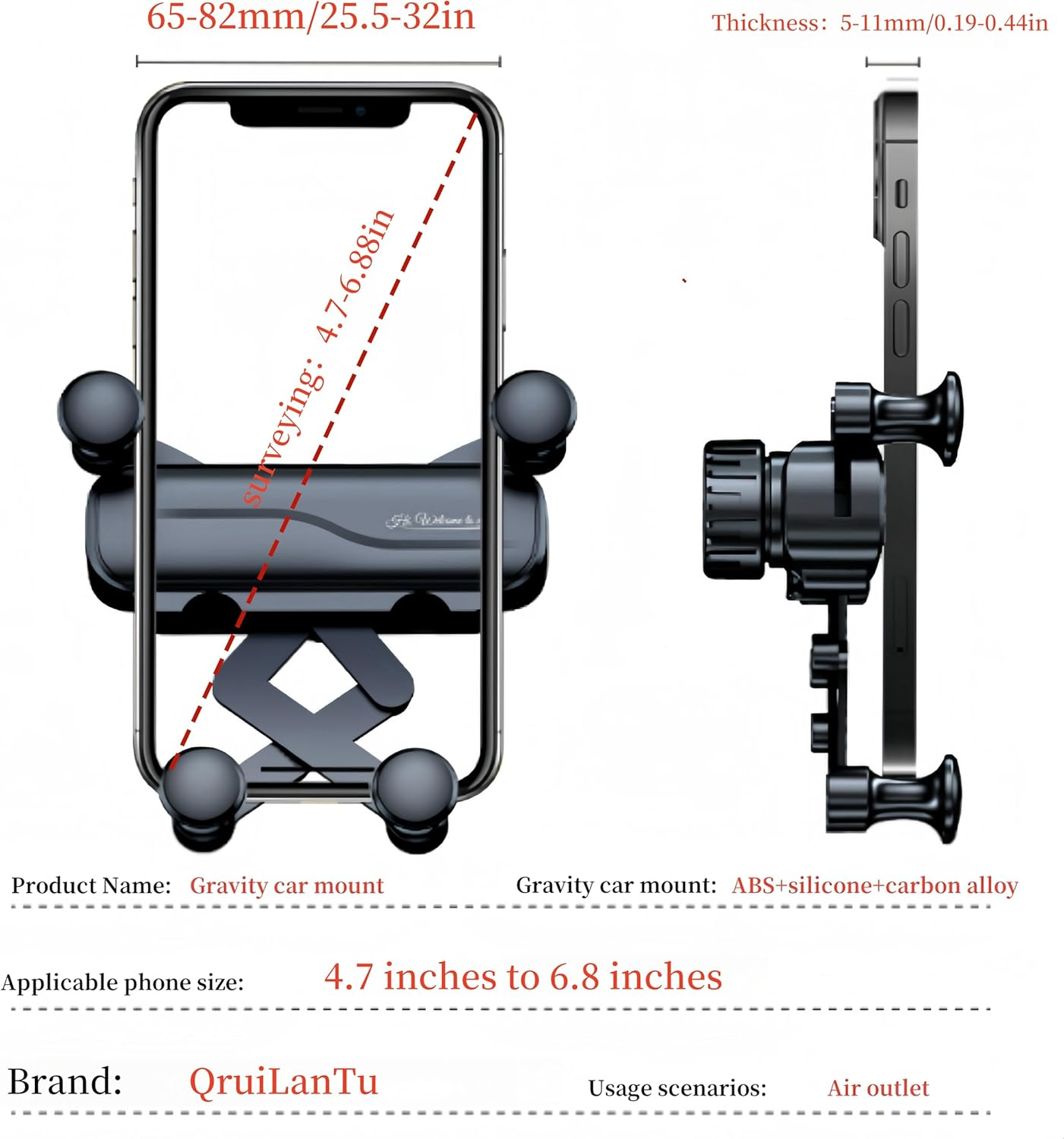 Qruilantu Car Vent Phone Mount Gravity Cell Phone Holder Never Blocking Vent with Rotatable Swing Arm Hands Free Universal Extension Clip Air Phone Holder Car Fit for All Phones Iphone Samsung - Black image number 5