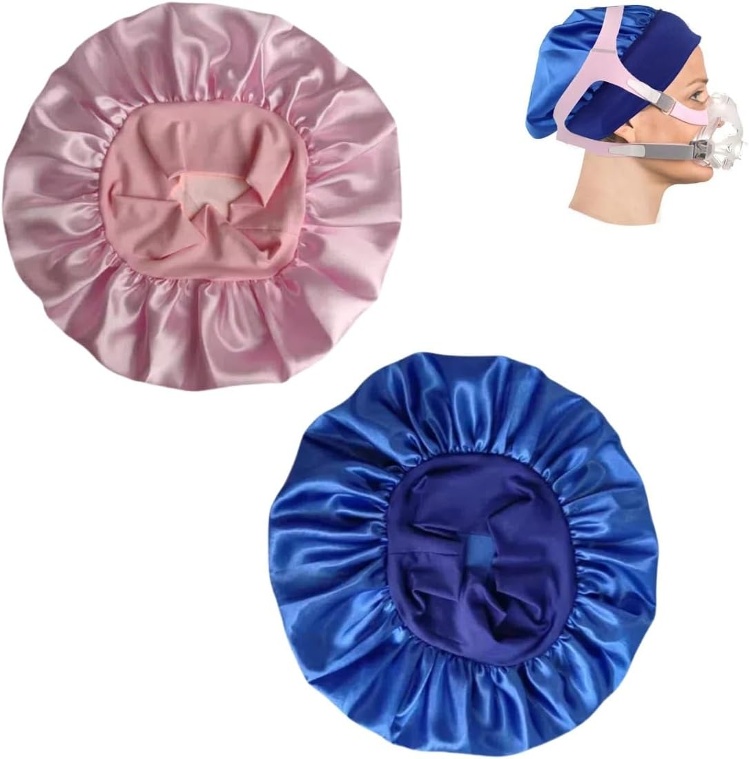 Toeloioh 2Pcs Satin Headgear Strap Covers for Oxygen Machine Users, Sleep Hair Protector Cap for Women to Prevent Tangles &Frizzy,Elastic Hair Cover Bonnet, Oxygen Accessories(Blue&Pink) image number 1