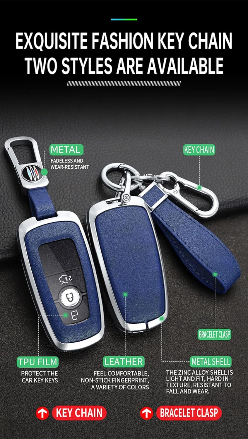 Ontto Alloy Car Key Fob Cover Fit for Ford Fusion Mustang Explorer F150 F250 F350 Ecosport Edge S-MAX Ranger Mondeo Remote Leather Key Case Shell Key Holder Keyring Keychain Accessories Black-Brown - Black image number 7