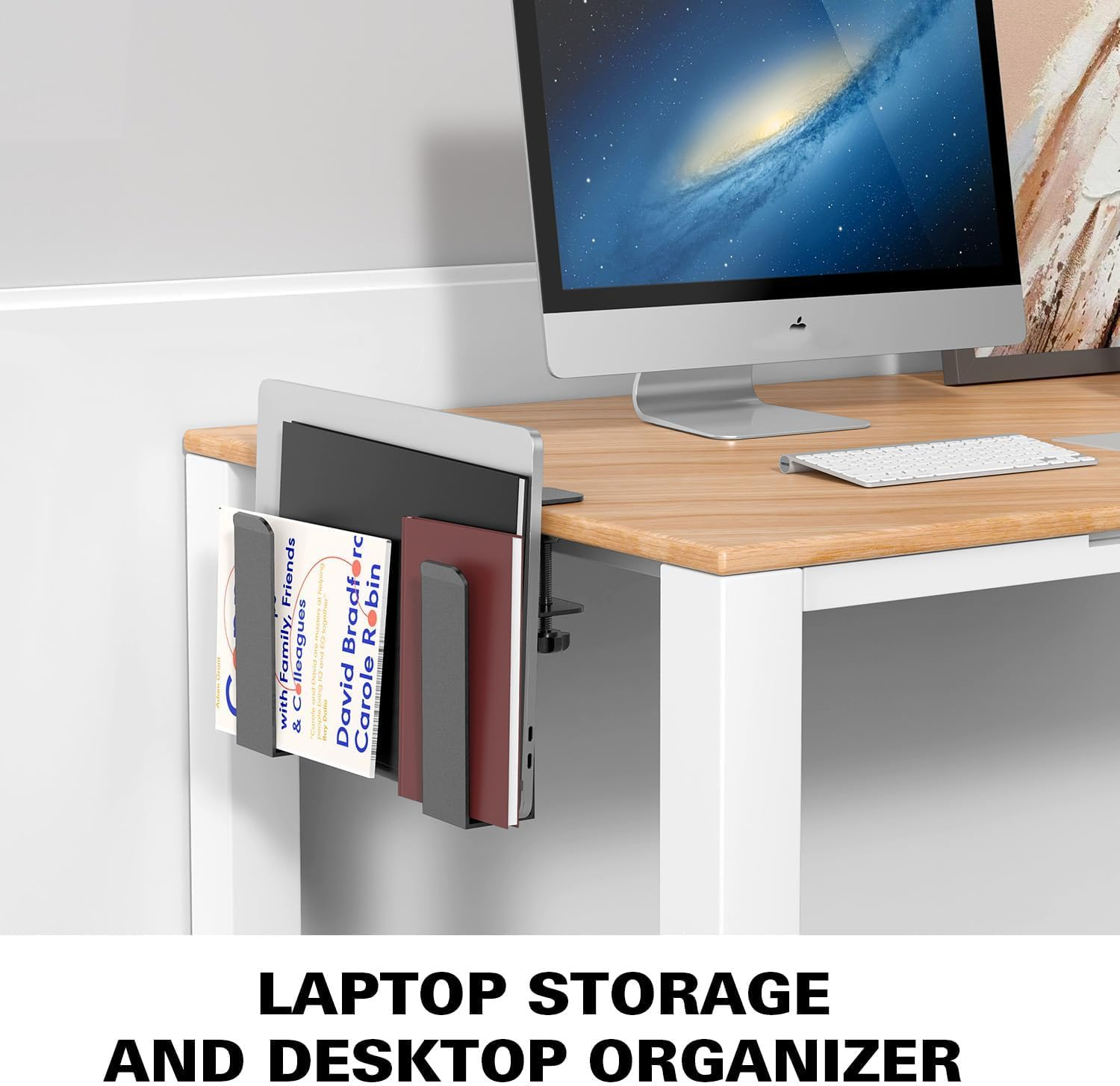 Adjustable Desk Side Laptop Mount, XICEN No Drill Desk Side Storage Organizer, Metal Hanging Notebooks Desk Holder Punch-Free Clamp on for Macbook Pro, Documents with Anti-Scratch Silicone (Black-B) image number 1