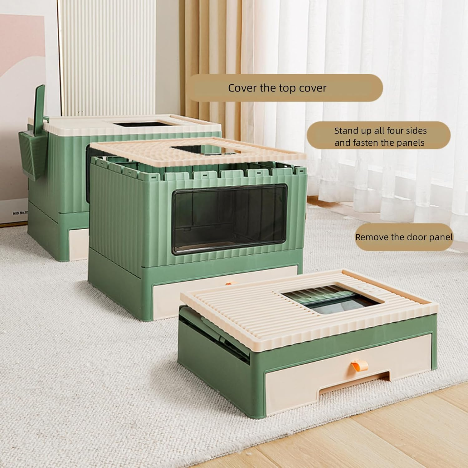 Cat Litter Box with Lid,Litter Box,Tray for Cat,Foldable Kitty Litter Box,With Scoop,Plastic (PP) Bpa-Free,With Drawer Type for Small and Medium Cats - Green image number 3