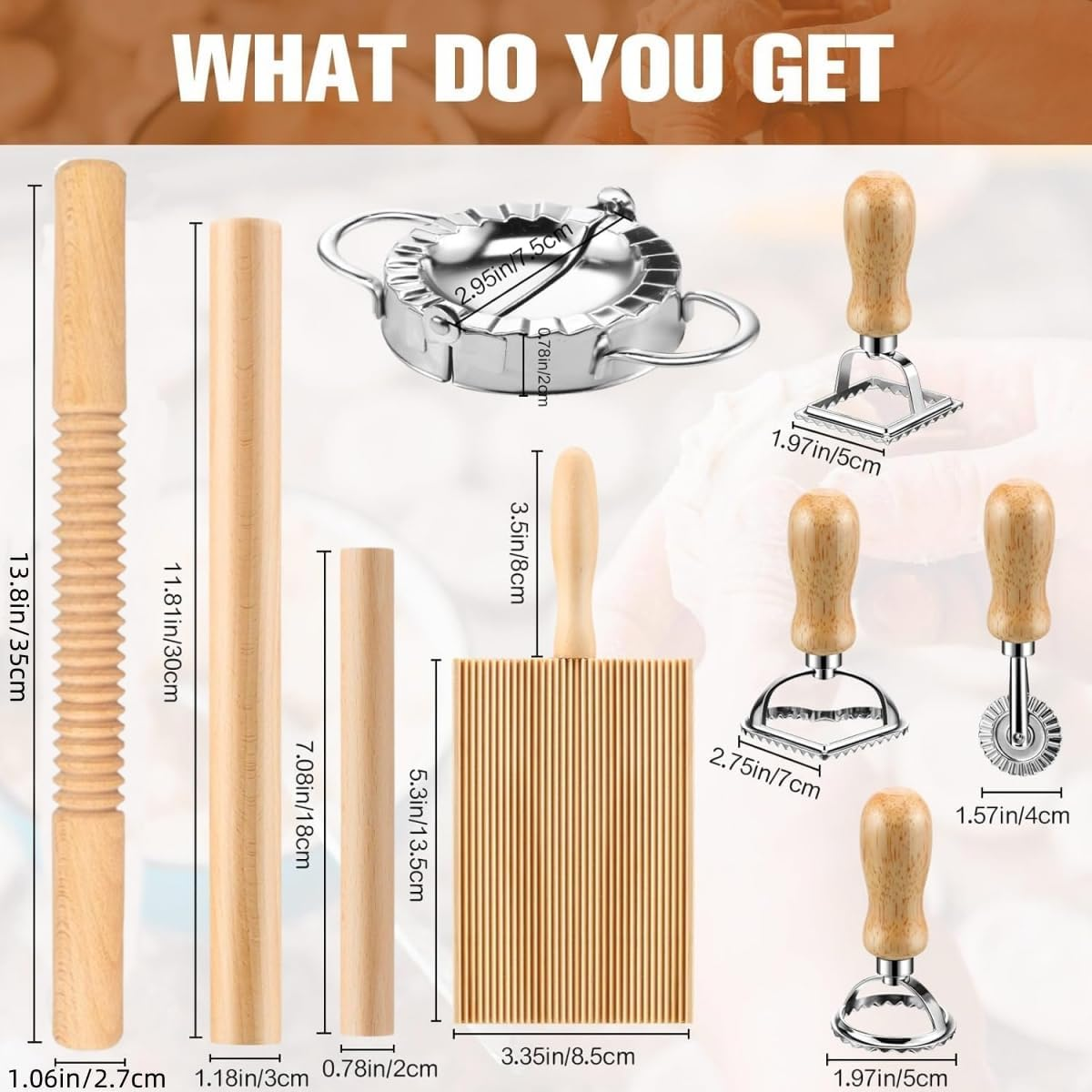 Kitment 9Pcs Pasta Making Tools Set, Pasta Maker, Wood Gnocchi Board, Rolling Pin, Pasta Roller, 4 Ravioli Stamp Maker Cutter, Dumpling Maker, Kitchen DIY Gift image number 4