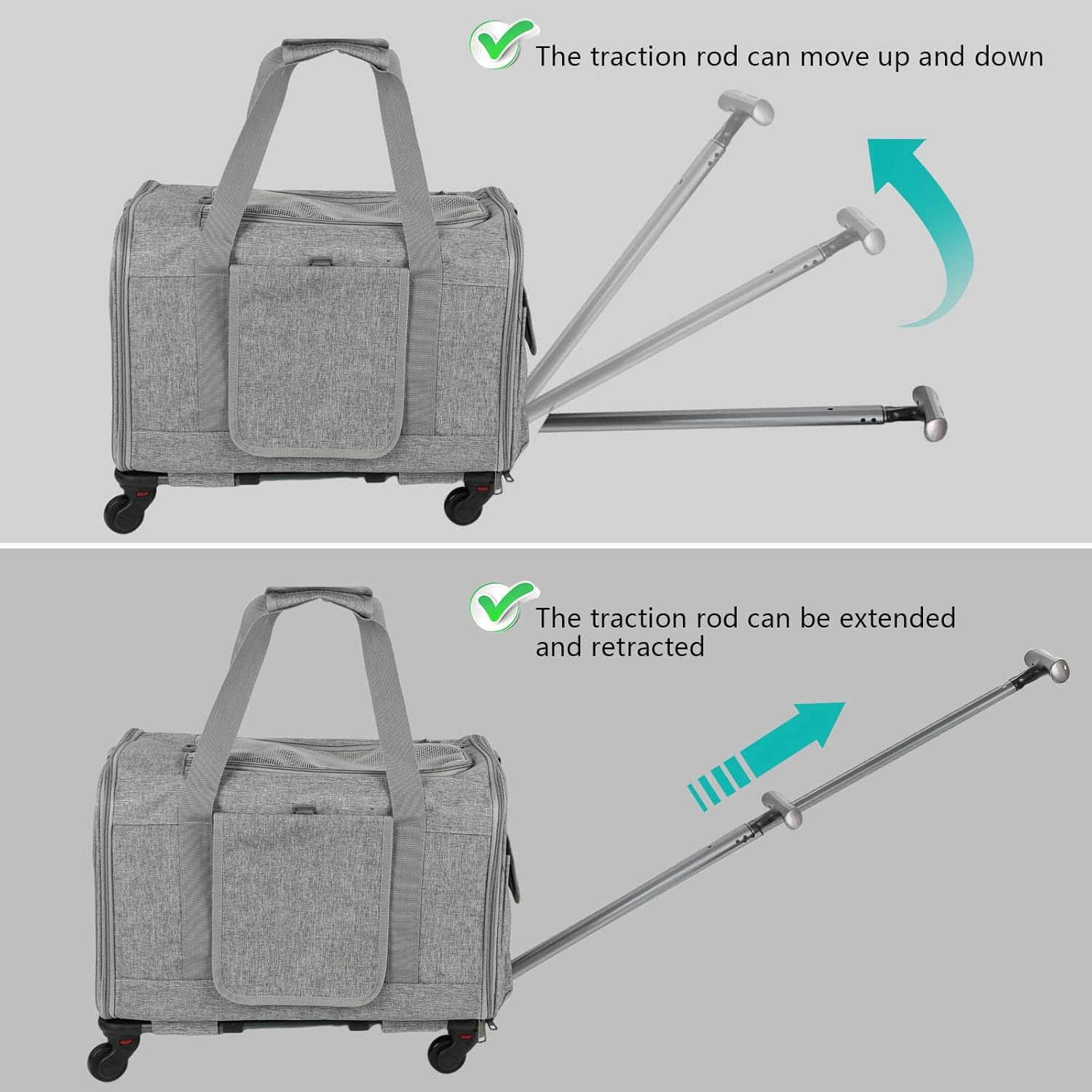 Dog Cat Carrier with Wheels, Detachable Base Portable Breathable Outdoor Pet Carrier with Curtain, Multifunctional Labor Saving Dog Travel Carrier for Picnic (Grey) image number 5