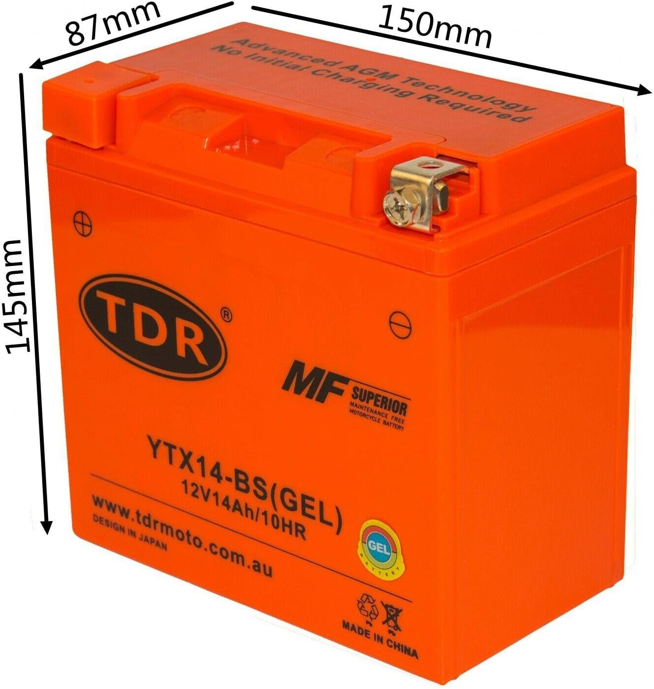 TDR GEL 12V 14AH YTX14-BS 200CCA Motorcycle ATV Quad UTV Battery image number 6