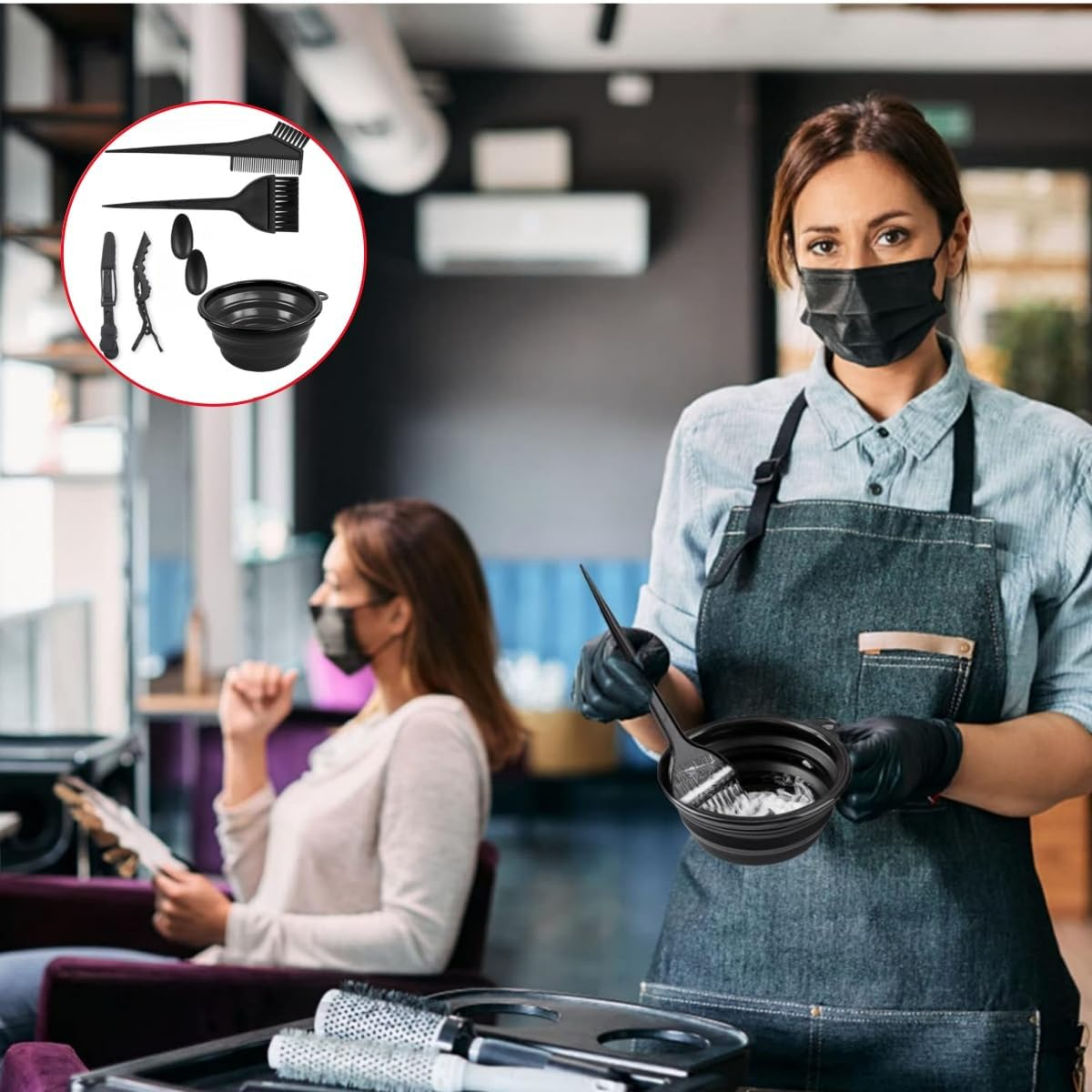 Set 7 Hair Dye Brush Kit,Professional Salon Hair Coloring Dying Set with Dye Brush,Diy Salon Bleaching Tools,Hair Dye Brush, Color Bowl, Clips, Earmuffs image number 5