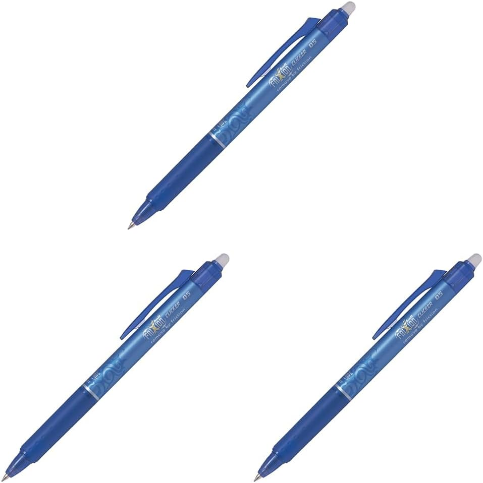 Pilot Frixion Clicker Erasable Retractable Gel Pen, Fine Tip (0.7Mm) - Pack of 2 Gel Pens - Blue