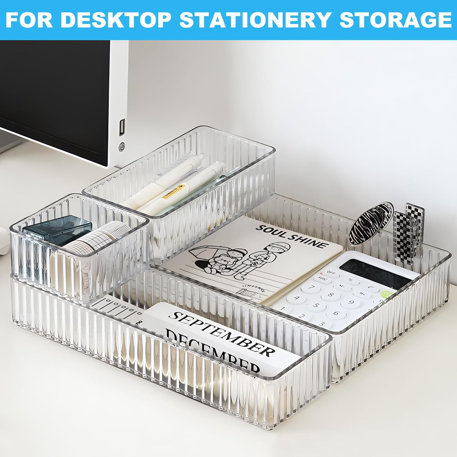 7 PCS Clear Drawer Organizers Bins, 4-Size Stackable Makeup Organizer Trays, Drawer Storage Containers, Desk Organiser for Kitchen Bathroom Makeup Office image number 5