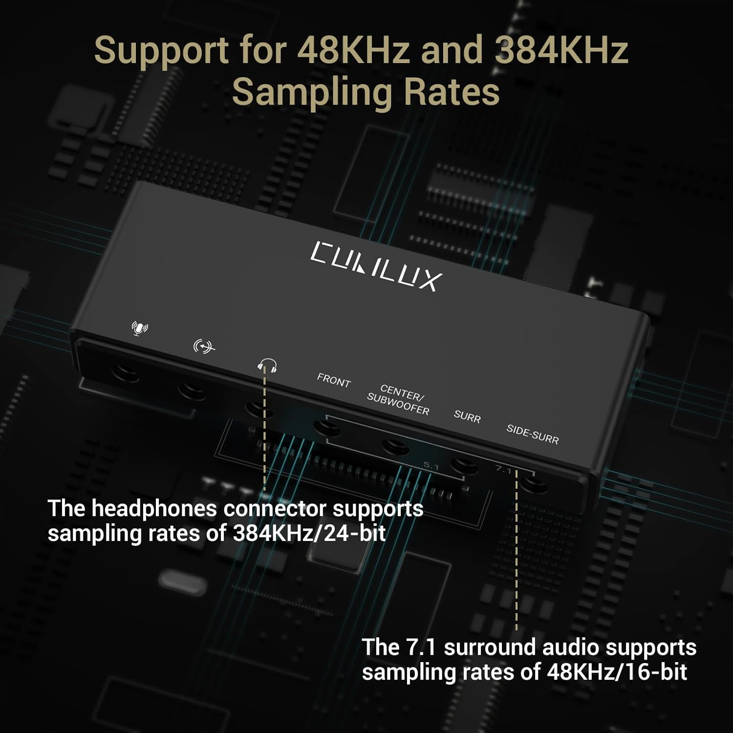 Cubilux 7.1 USB Surround Sound Card- 48Khz-384Khz Sample Rate for Headphones, Full Aluminum Alloy USB a External Sound Card for Laptop Pc-Supports Line-In & Stereo Mic In image number 5