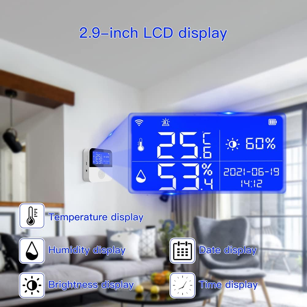 Tuya Wifi Intelligent Temperature Humidity Sensors Intelligent Home Desktop Office Hotel Multi-Function Temperature Humidity Sensors 2.9 Inch with Backlight LCD Display Time Date Display Mob QUKAN image number 3