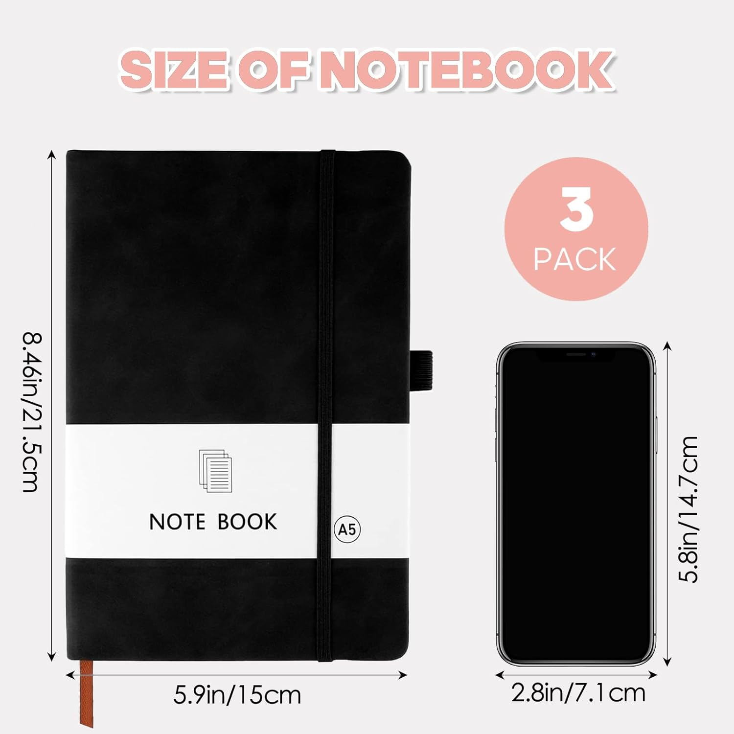 3 Pack Lined Journal Notebooks for Women & Men,200 Pages A5 Thick Journals for Writing Ruled Notebook for Writing, School Note Taking,Business Work (Blue+Pink+Black) image number 4