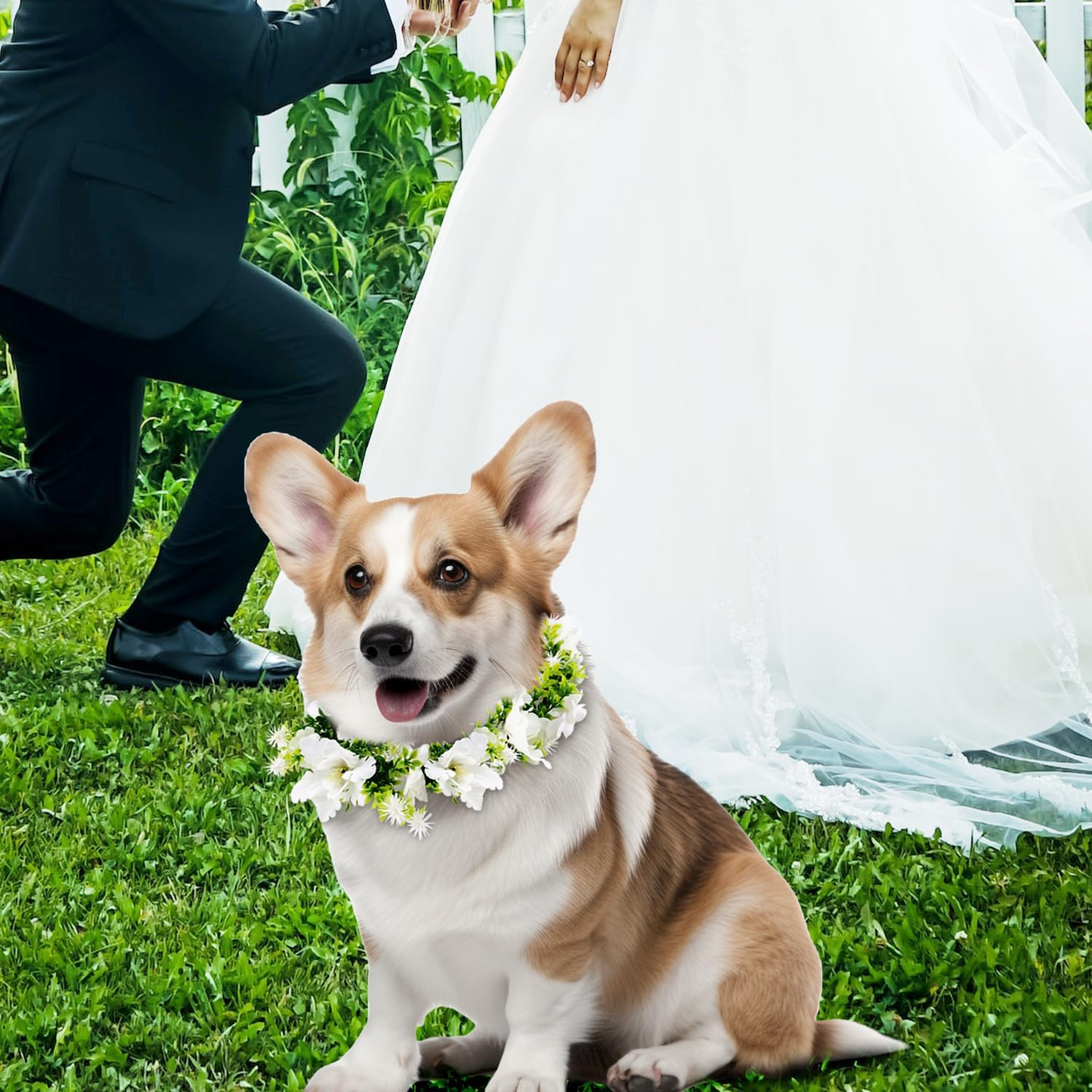 Dog Wedding Flower Crown, Floral Garland Collar Dog Flower Wreath Bow Pet Flower Ring Wedding Attire for Photo Props image number 5