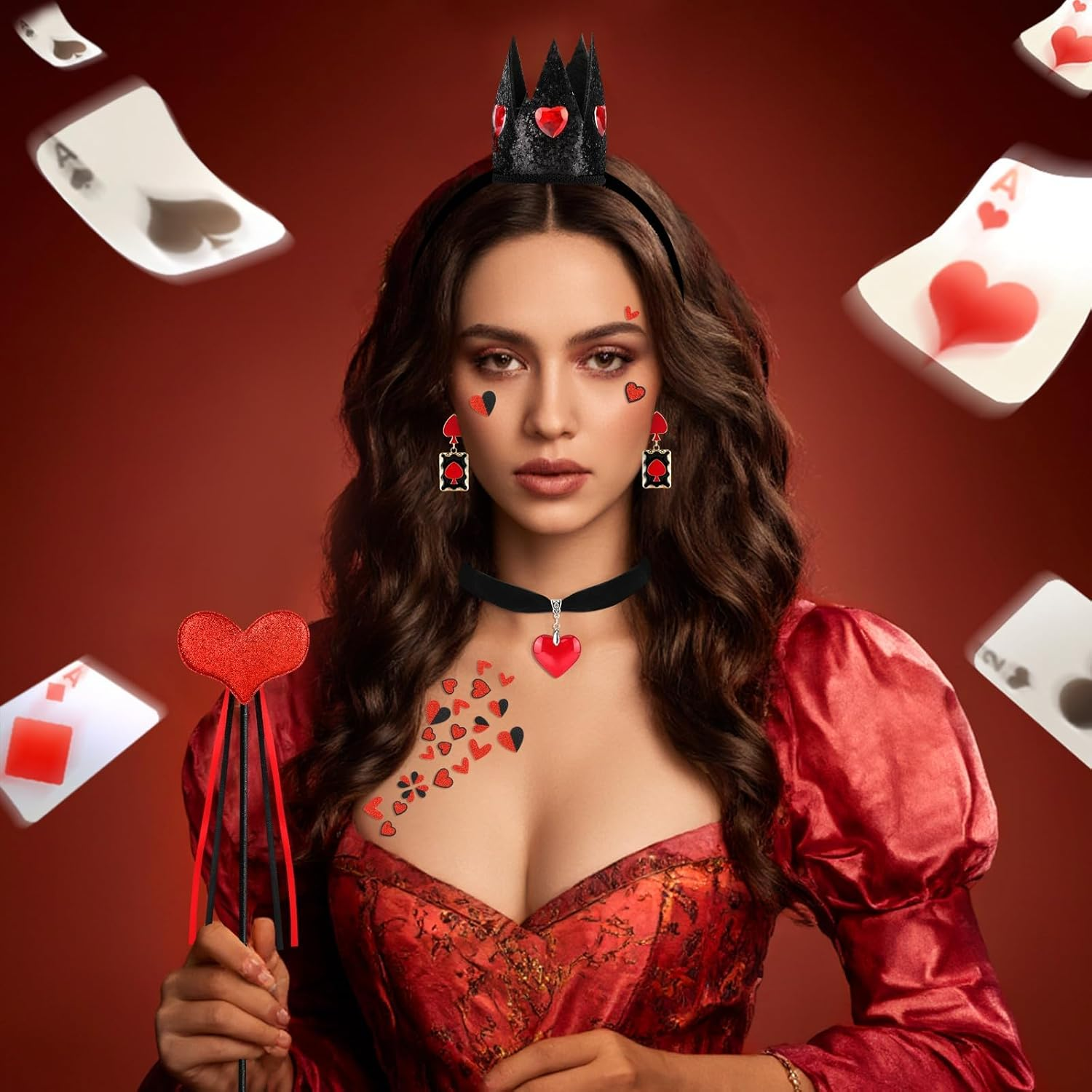 Queen of Hearts Accessories Set, Crown Headband Earings Necklace Wand Face Stickers, Queen of Hearts Costume Accessories Women for Halloween Carnival World Book Day Cosplay Party