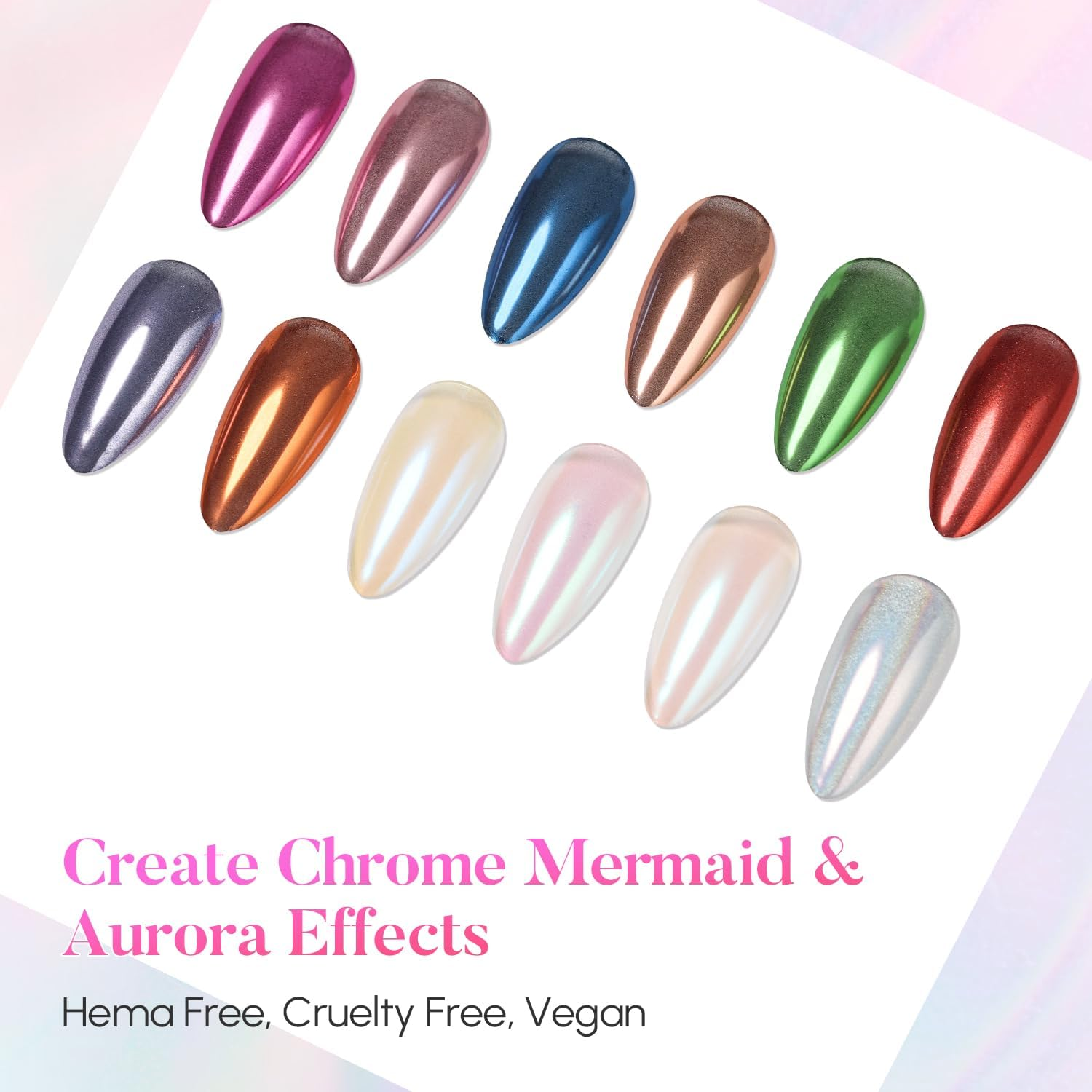 AIMEILI Pearl Chrome Nail Powder, Vegan, Cruelty Free, 12 Colors Aurora Metallic Holographic Mirror Effect Nail Art Pigment Iridescent Shell Glitter Nail Art image number 1