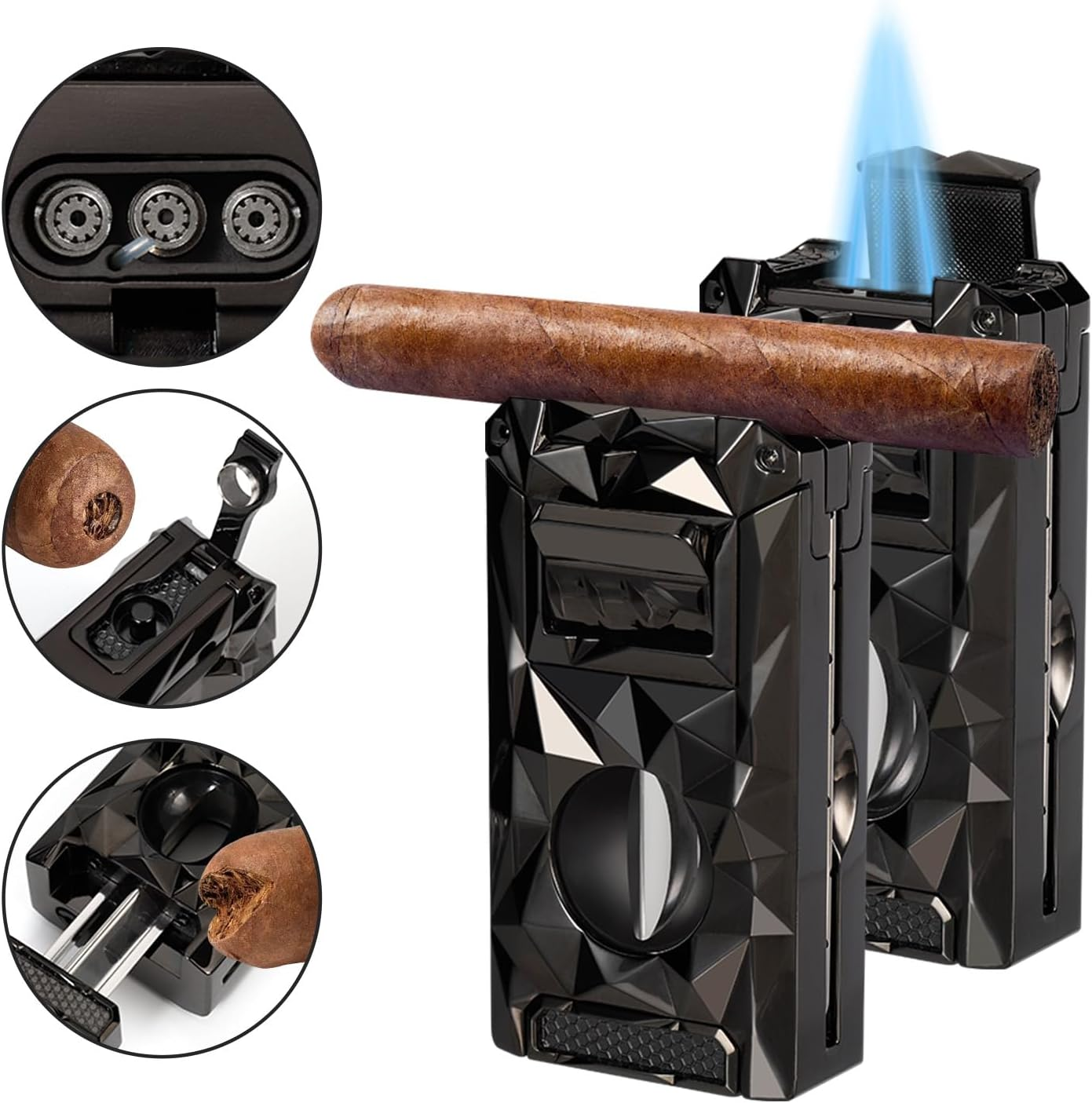 Torch Lighter with Windproof Jet Flame, Built-In V Cutter & Needle, Refillable Butane Gas Metal Lighter, Multifunctional All-In-One Pocket Lighters for Candles Men Gifts (Without Gas) (Black)