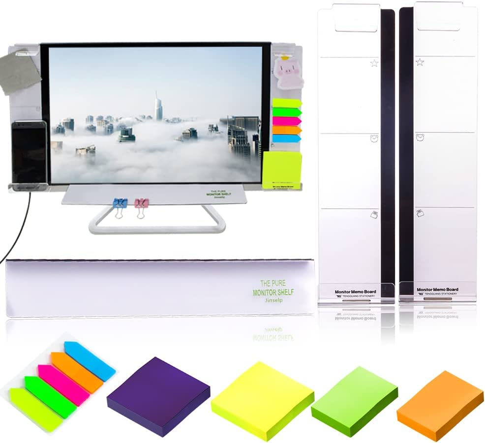 Daily Treasures Acrylic Monitor Memo Board, 7Pcs Set Includes 2Pcs Computer Monitors Side Panel(Left+Right), 1Pcs Message Memo Pad Shelve+4 Set Sticky Notes for Office Home Desk Organizer Phone Holder