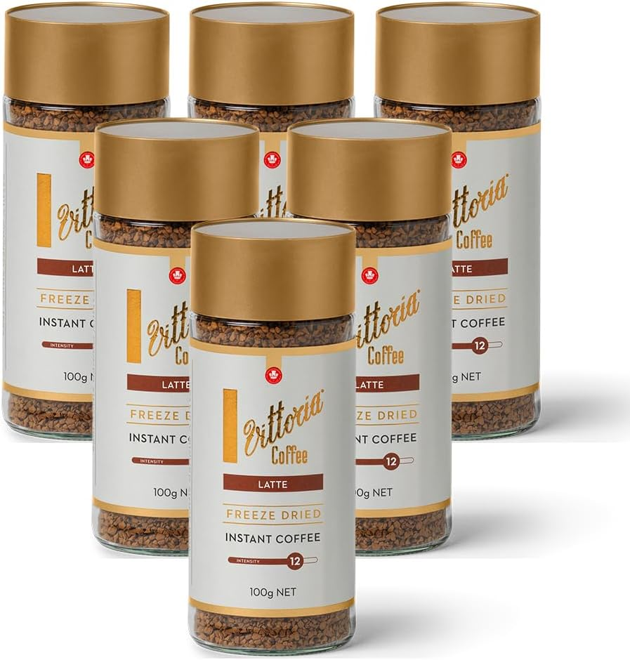 Vittoria Coffee Latte Blend Freeze Dried Instant Coffee 100 G (Case of 6). 12/15 Intensity, Medium-Dark Roast of Premium Coffee.