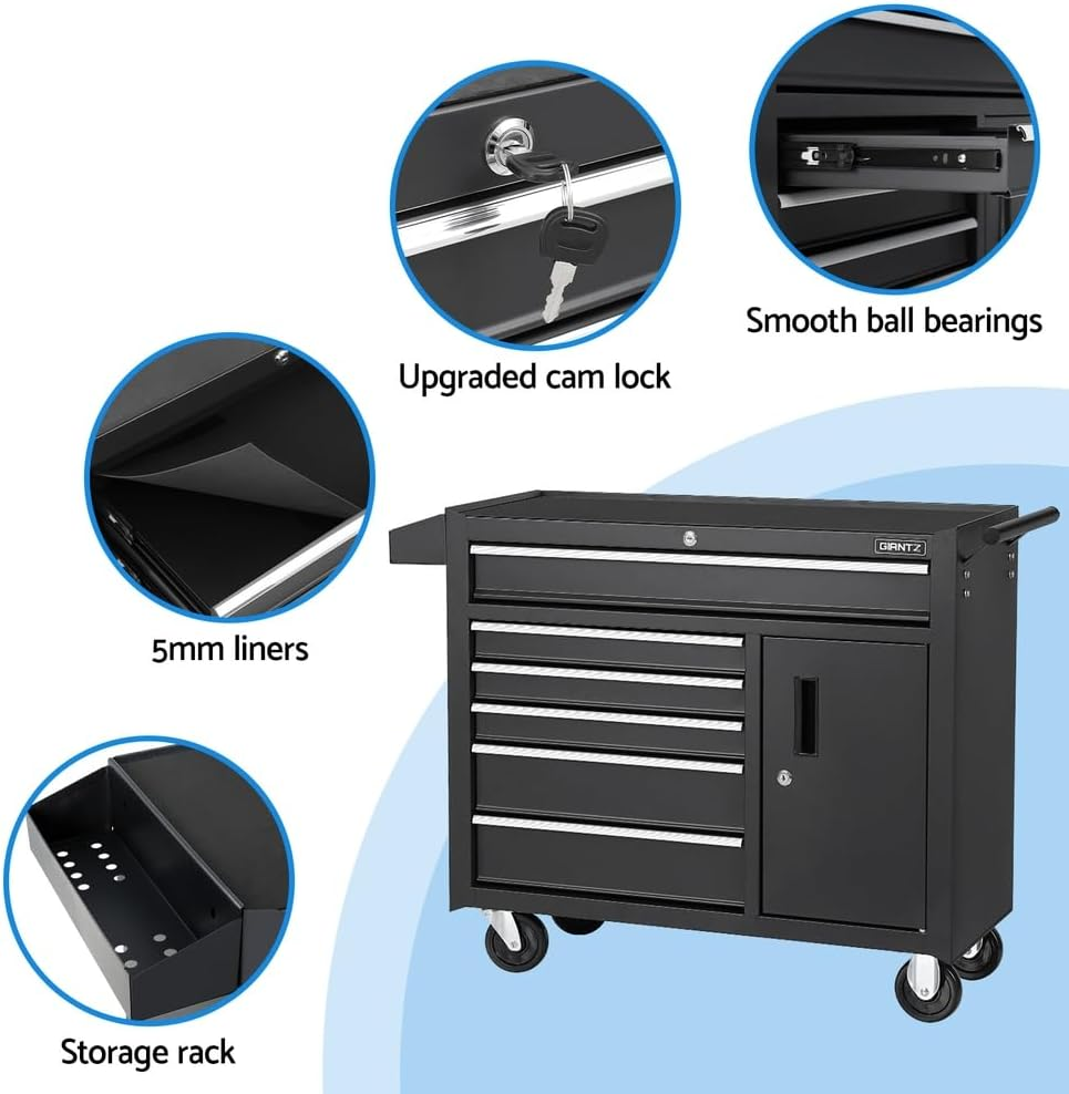 Giantz 6 Drawers Large Tool Chest Trolley, Lockable Toolbox Tools Storage Box Cabinet Cart Garage Storage Organiser Boxes, 100Kg Capacity Heavy Duty with Wheels Brake Sturdy Construction Black image number 5