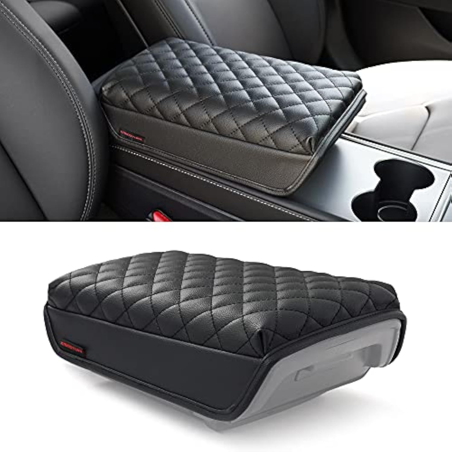 KMMOTORS Model Y, Model 3 Center Console Cover Quilting Black, Armrest Cushion, Console Protector, Vegan Leather, Tesl* Accessories