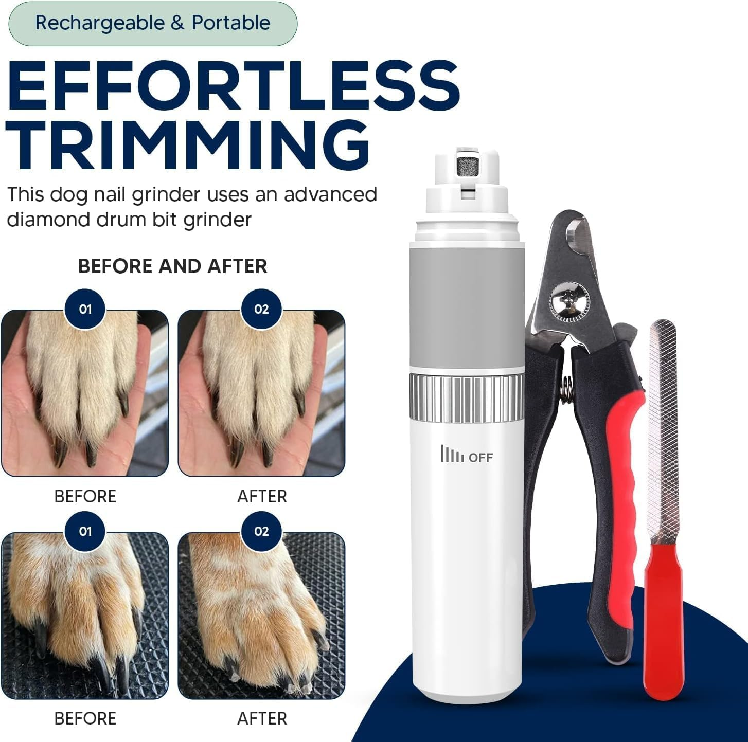 Cordless Dog/Cat/Pet Nail Grinder Set, Quiet Low Noise for Large Medium Small Dogs and Cats, Powerful Variable Speed Motor Rechargeable Pet Claw Trimmer with an Extra Diamond Bit, Clipper and File image number 4