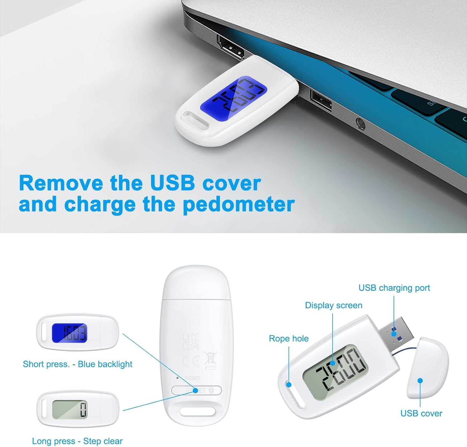 AMIR 3D Walking Pedometer with LED Backlight, Portable Sports Step Counter with Detachable Clips and Lanyard, USB Charging, Track Steps in Real Time, Accurately Pedometer for Seniors Men Women, Kids