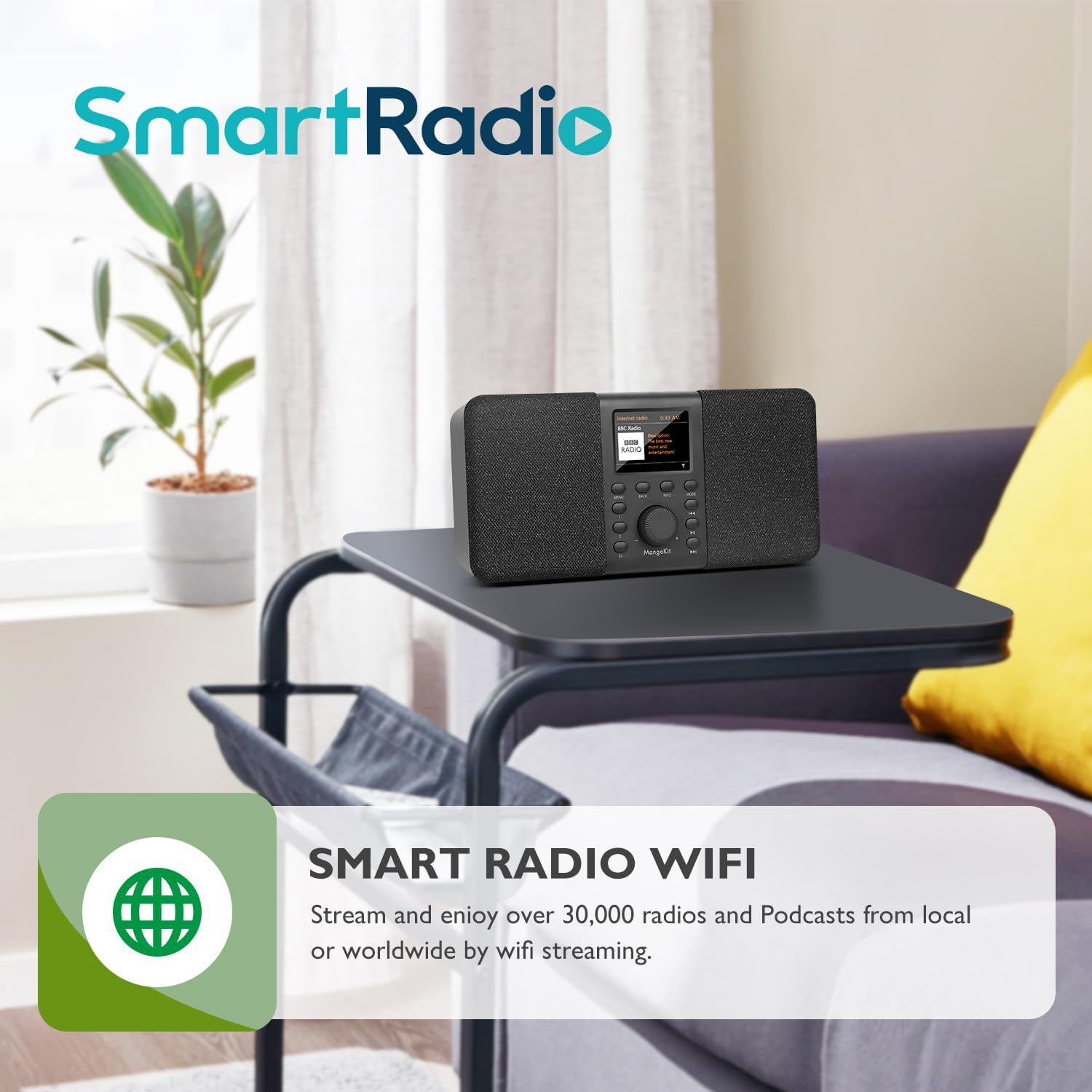 SR20 Smart Internet Radio with Wifi,Podcast Player, Bluetooth Speaker,Portable FM Radio,Mains and Battery Powered Radio,Stereo Sound,Color Display,Dual Alarms, Presets,App Control-Black image number 4