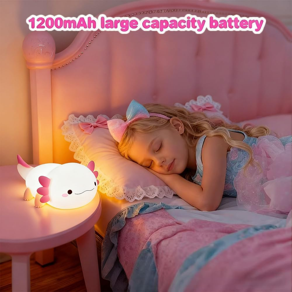 Cute Axolotl Night Light for Kids Bedroom, Animal Silicone Nursery Night Lamp Touch Control Nightlights USB Rechargeable Bedside Lamp for Baby Children Toddlers Girls Gift (Pink Axolotl) - Pink Axolotl 1 image number 7