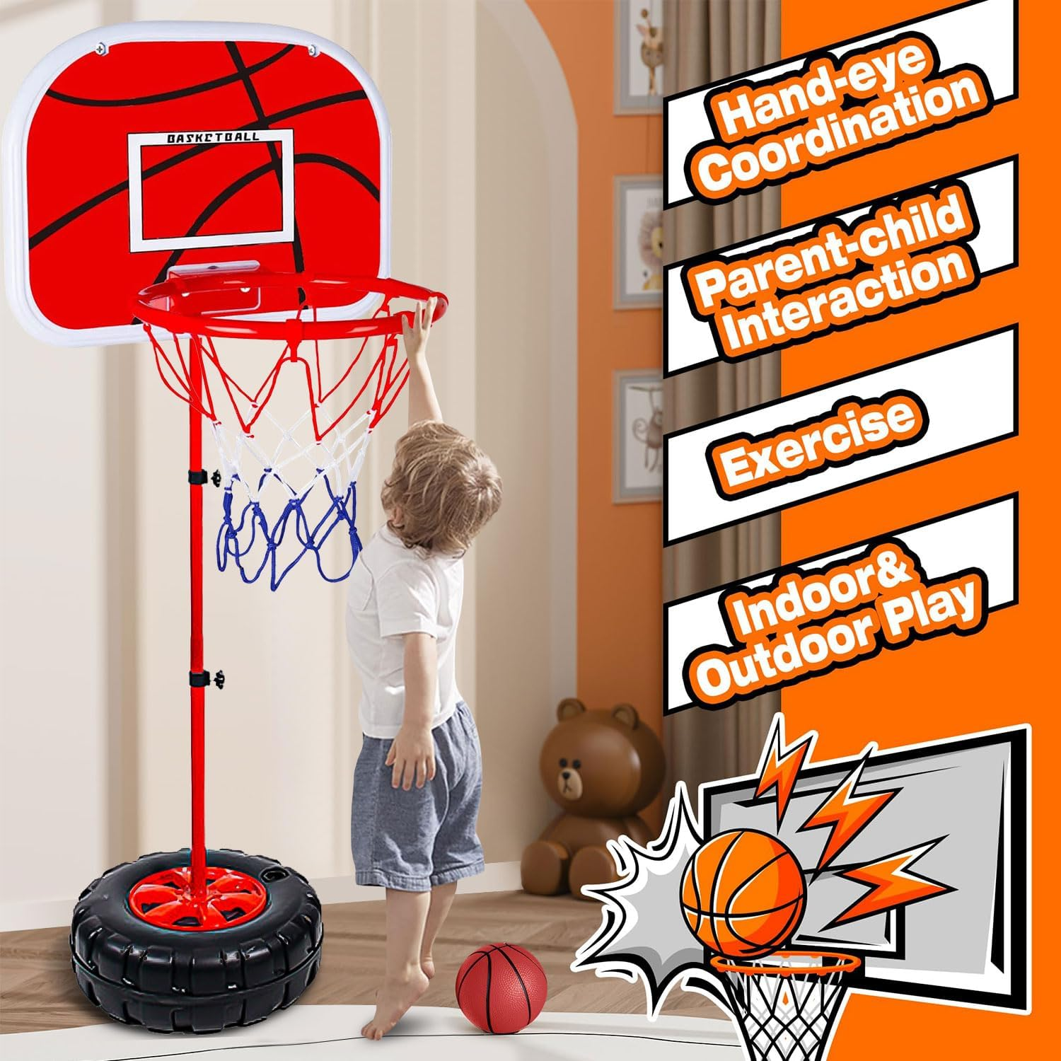 Children'S Basketball Hoop, Height Adjustable Indoor Outdoor Mini Basketball Toy with 2 Basketballs & 1 Pump for Babies, Children, Boys, Girls from 3 to 8 Years (150 Cm) image number 2