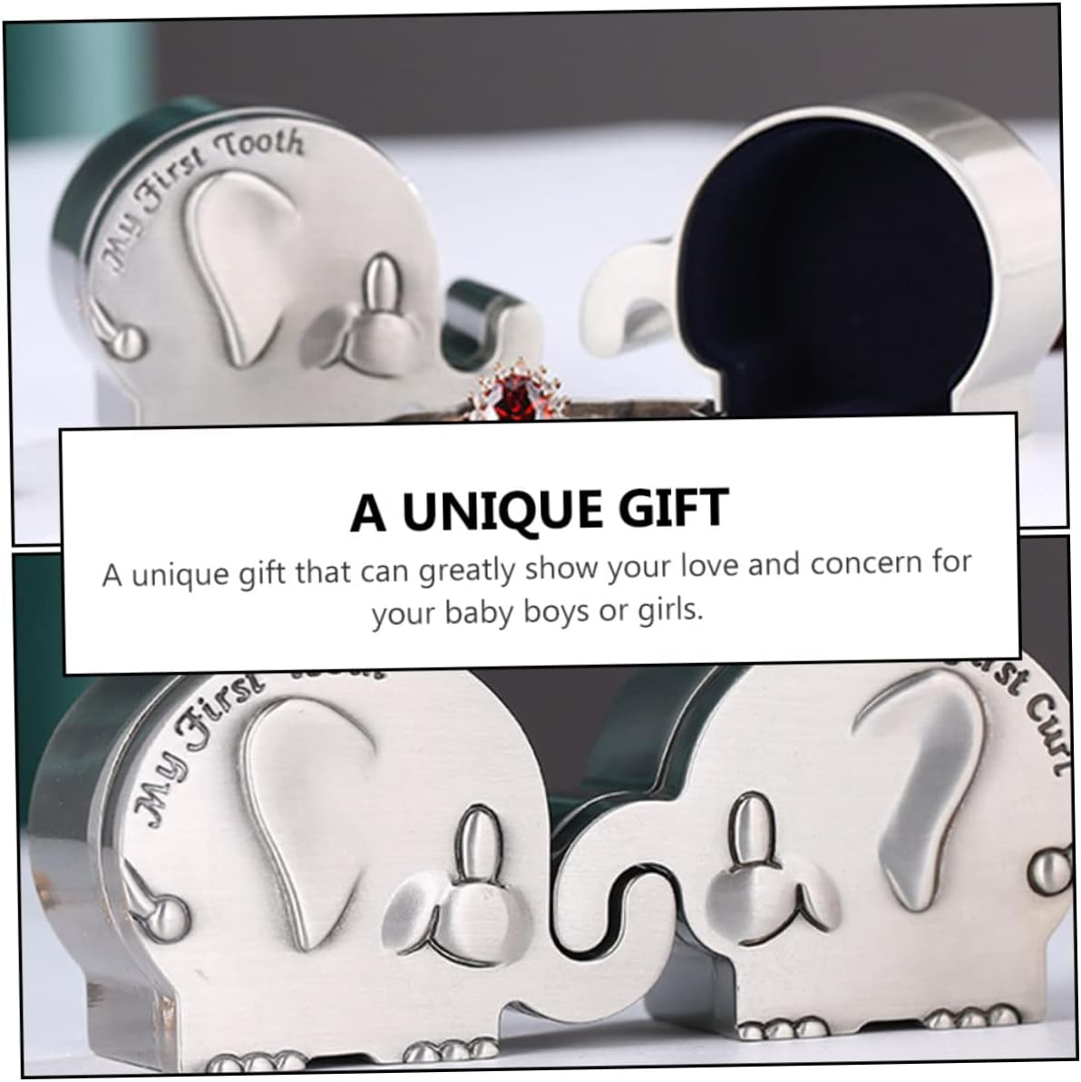 Sosoport My First Curl and Tooth Keepsake Box Set Elephant Shape Newborn Baby Tooth and Hair Organizer Silver Metal for Baby Shower Gifts