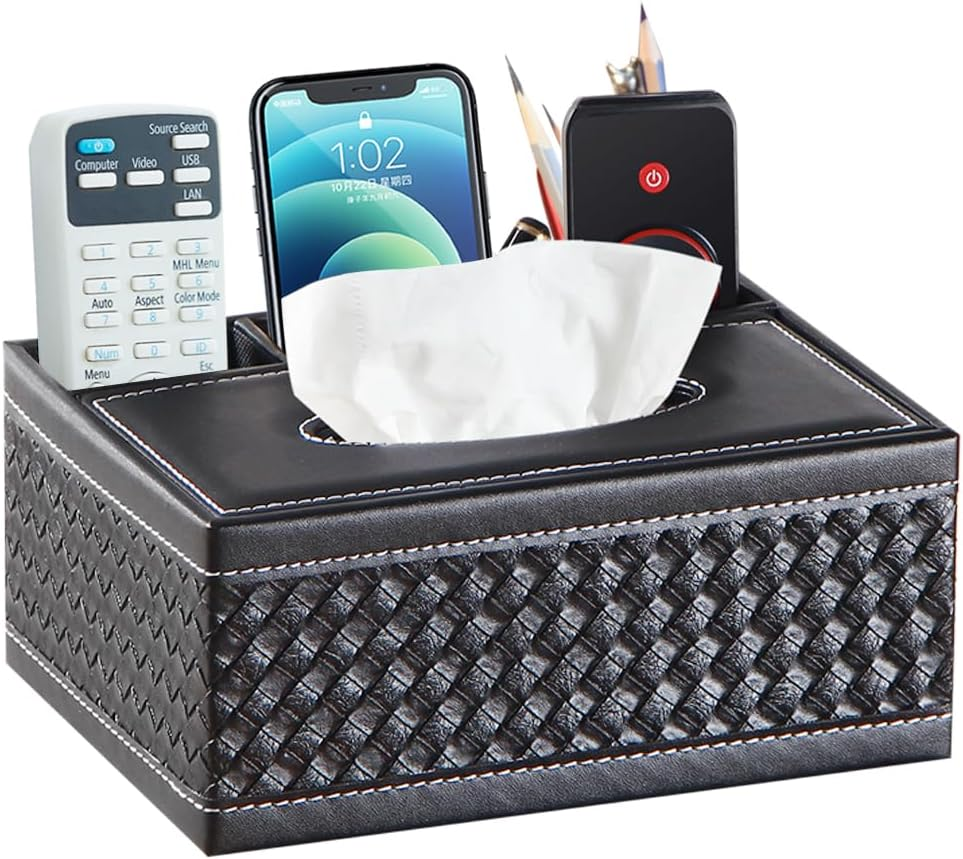 Leather Tissue Box Cover,Multifunctional Tissue Box Holder with Stationery Remote Control Box,Dryer Sheet Dispenser,For Home Restaurant,Bathroom Vanity Countertops,Bedroom Dresser,Night Stands,Office