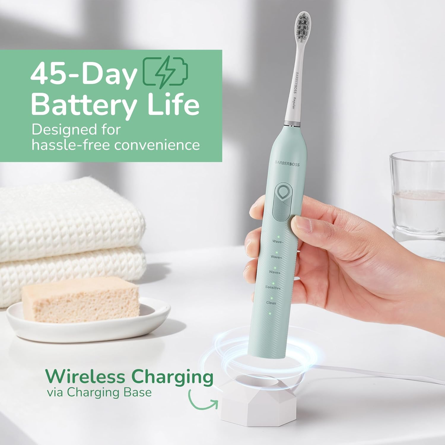 Barberboss Electric Toothbrush for Adults - Oscillation & Vibration Sound Technology, Includes 6 Brush Heads, Smart Timer, Portable Design with Carry Case, Model QR-7537 (Mint) image number 1