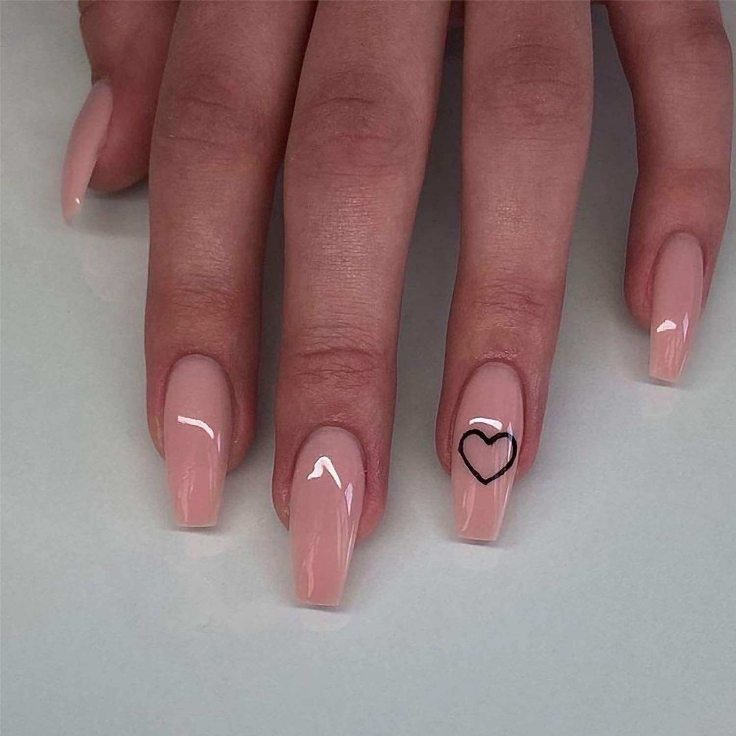Nude Pink Heart Press on Nails 24PCS Glossy Full Cover Medium Coffin Artificial Fake Nail Love Style Design Nails for Women and Girls Party Salon image number 2