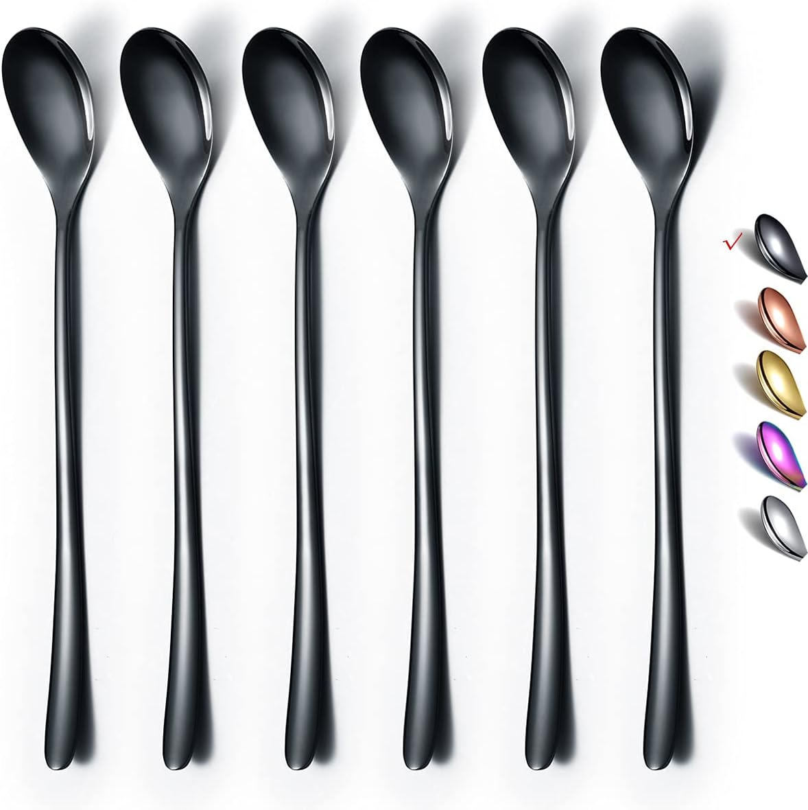 Long Handle Spoon, Coffee Stirrers, Premium Stainless Steel Coffee Spoons, Ice Tea Spoons, Ice Cream Spoon, Cocktail Stirring Spoons, Tea Spoons, Set of 6 (Silver)