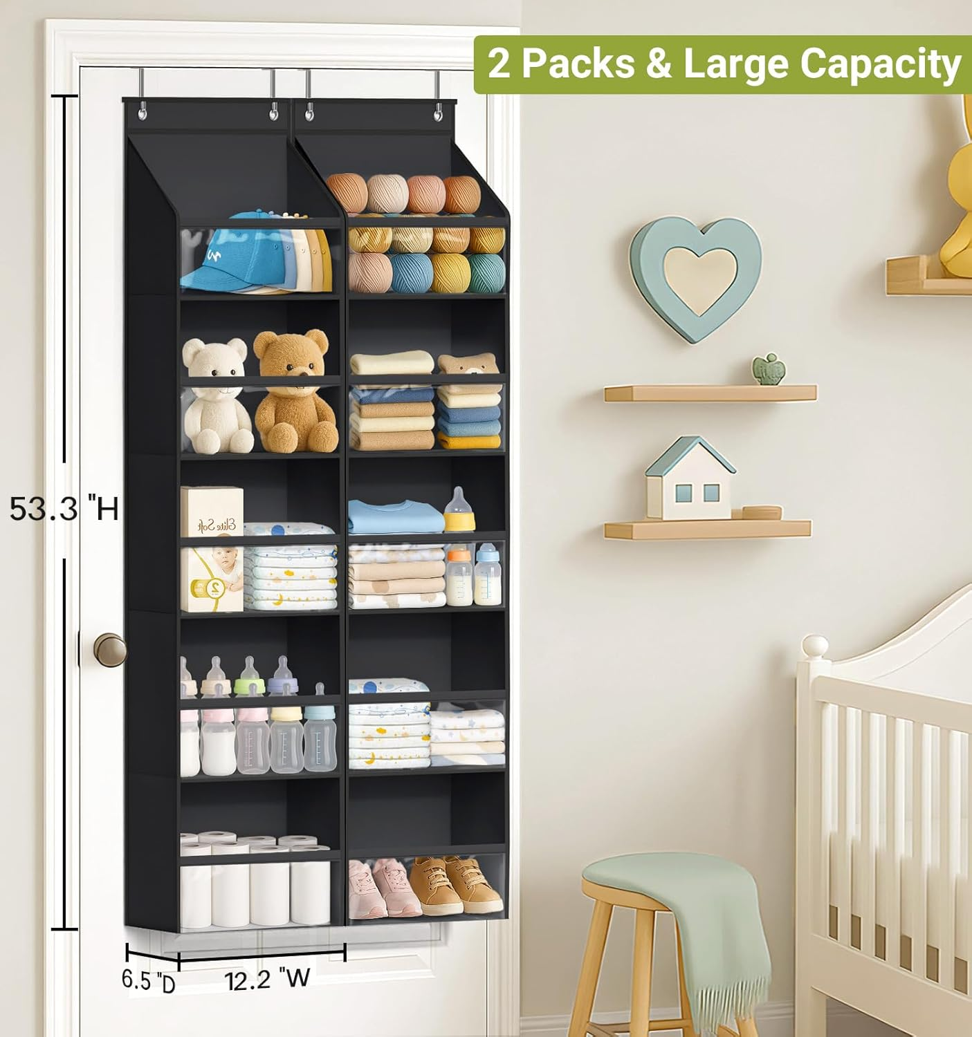 AOODA 2 Pack over the Door Organizer, Large Capacity Closet Door Hanging Organizer, Clear Deep Pockets Baby Storage for Nursery, Bathroom, Bedroom, Pantry, Diapers (Black) image number 6