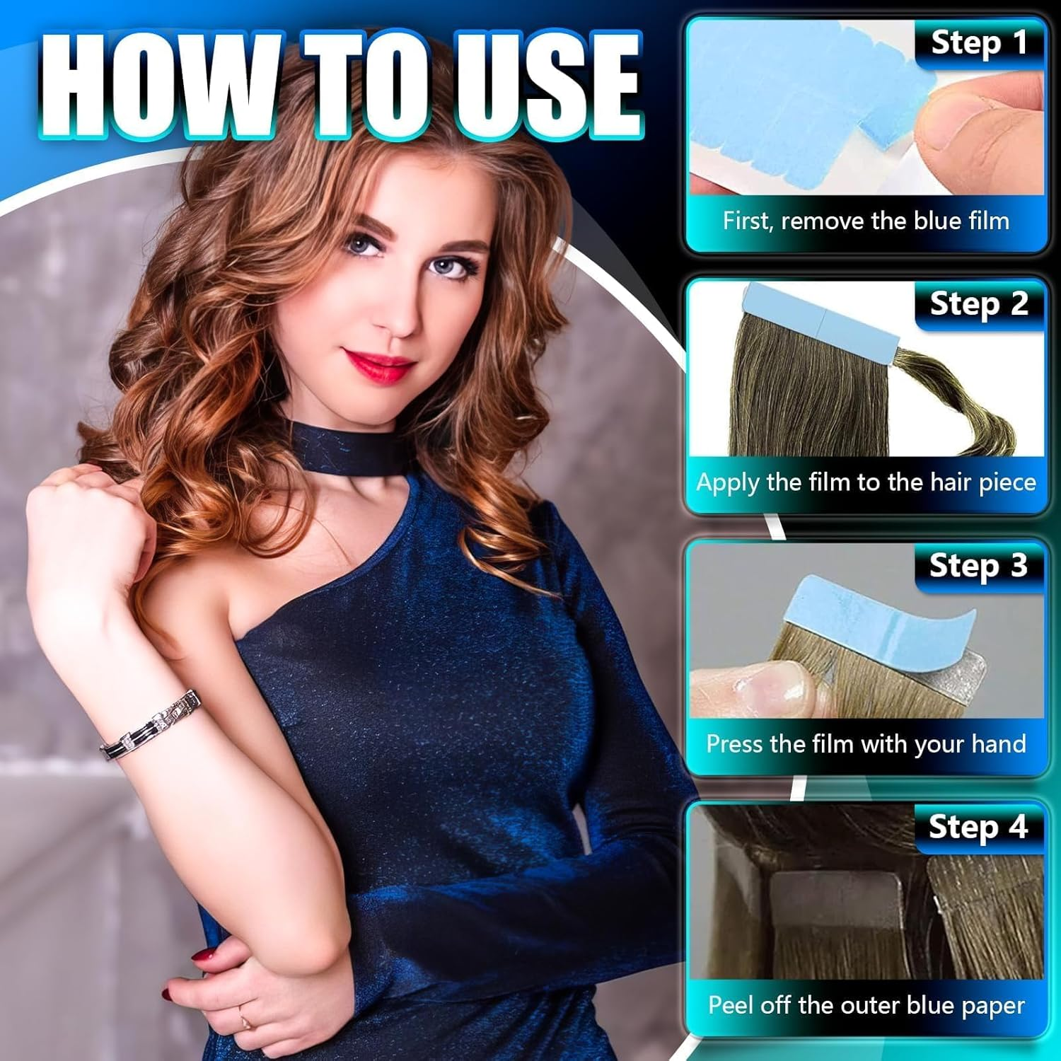 Double Sided Hair Extension 120 Pcs Adhesive Replacement for Hair Extensions, Wig Strips for Fixing Wigs, Hair Pieces (120 Pcs,Blue and Green) image number 6