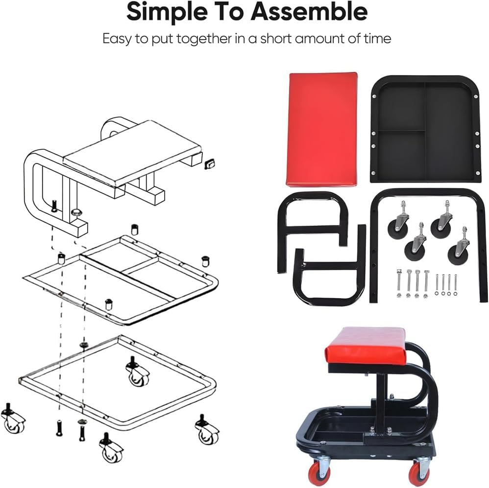 Rolling Creeper Seat, Garage Shop Stool on Wheels with Padded Seat & Tool Tray Storage, 330 LBS Capacity, Heavy Duty Mechanic Stool Chair Car Detailing Creeper for Workshop, Home image number 6