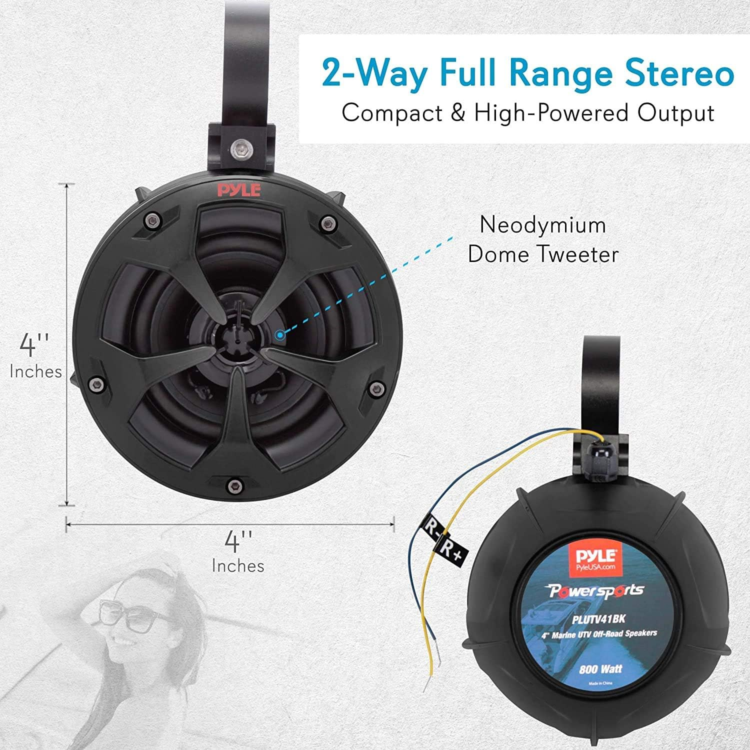 Pyle 2-Way Dual Waterproof Off-Road Speakers - 4 Inch 800 Watt Marine Grade Wakeboard Tower Speakers System, Full Range Outdoor Audio Stereo Speaker for ATV, UTV, Quad, Jeep, Boat - PLUTV41BK (Black)